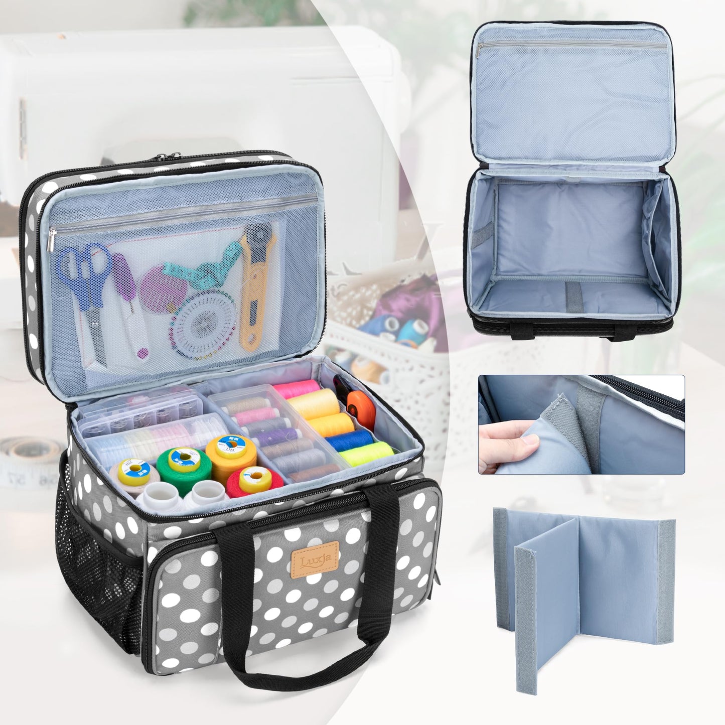 LUXJA Large Sewing Organizer with Many Compartments, 2 Layers Sewing Accessories Organizer with Varisized Pockets for Sewing and Crafting Supplies (Bag Only), Polka Dots