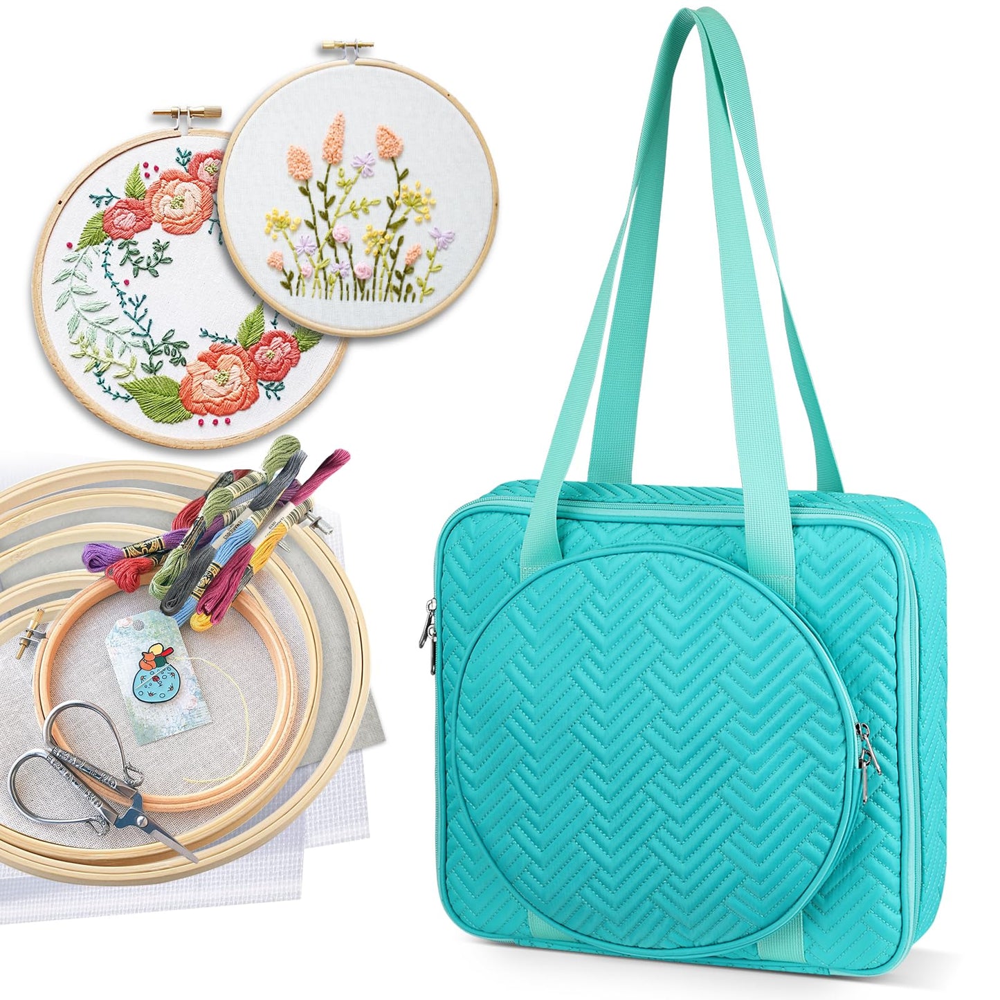 FINPAC Embroidery Bag, Cross Stitch Storage, Square Quilted Tote Organizer with Multiple Pockets for Floss, Hoops, Thread, Stitch Tools Kit [Bag Only], Teal