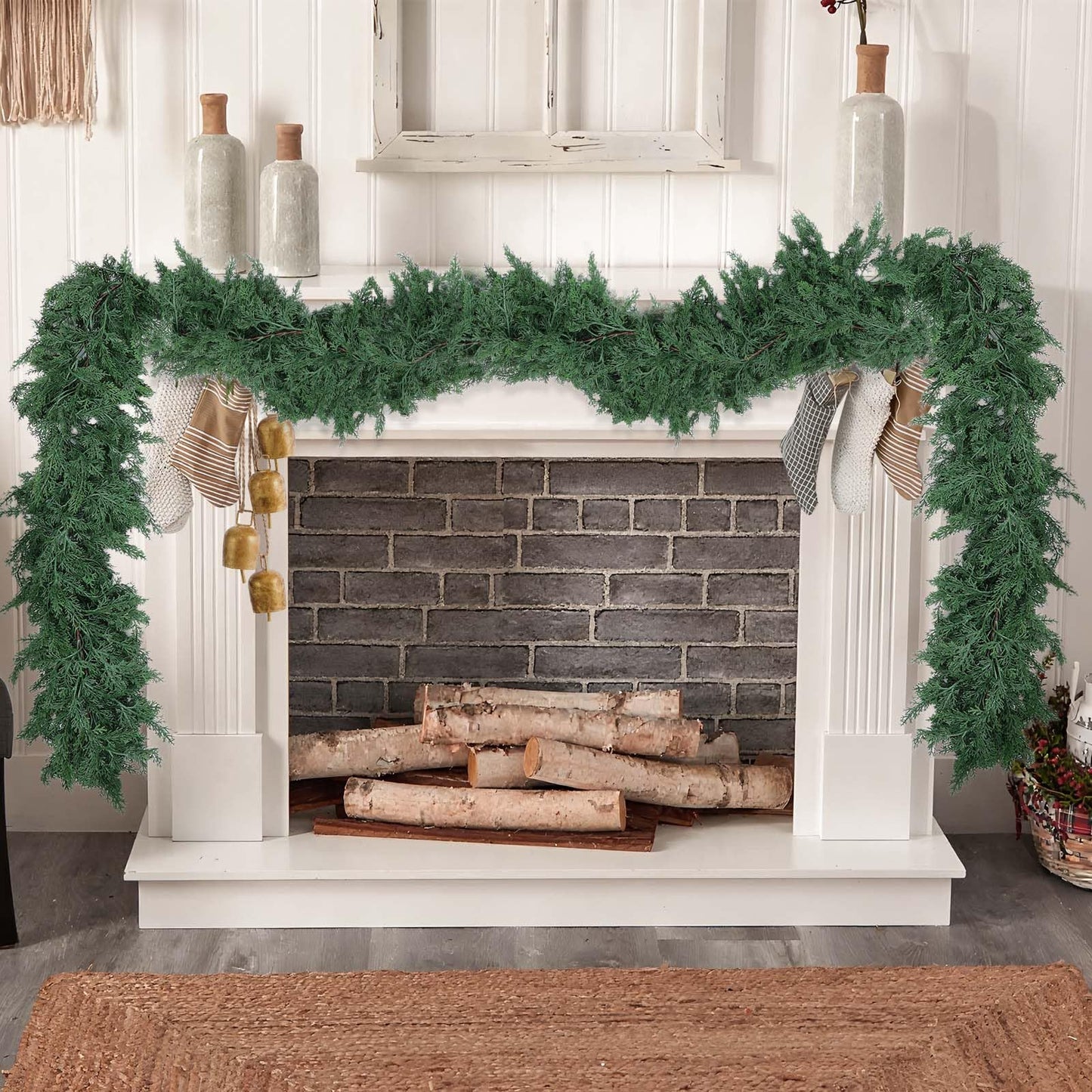 Hananona 9 FT Artificial Cedar Garlands, 1 Pcs Real Touch Winter Cedar Pine Garland, Green Artificial Greenery Garland for Table, Mantle, Wall, Indoor, Outdoor Christmas Decorations (1, Green, 9FT)