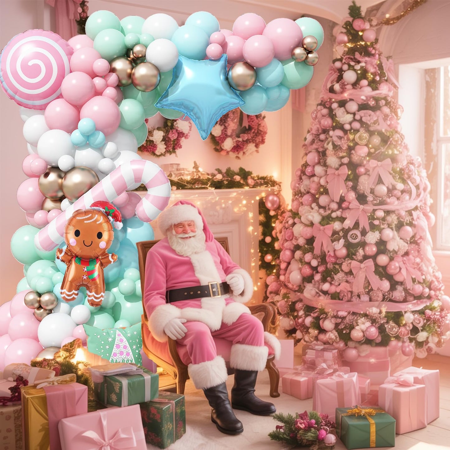 Christmas Balloon Garland Arch Kit, Nutcracker Balloon Pastel Pink Green Balloons Candy Cane Reindeer Peppermint Foil Balloons for Candyland Christmas Party Decorations Xmas Birthday Holiday Party