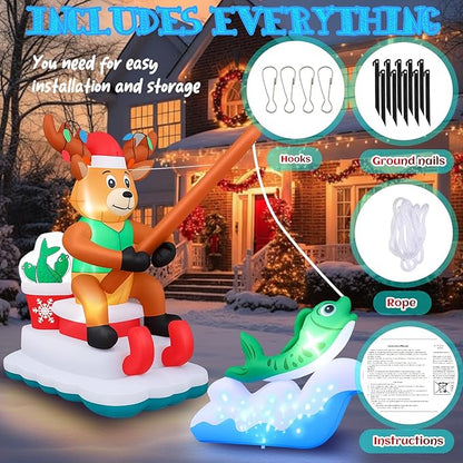 14 ft Long Christmas Inflatable Fishing Santa Claus, Santa Claus Inflatable Courtyard Outdoor Decoration with Built-in Rotating Blue LED Lights for Christmas Party Garden Lawn Decoration