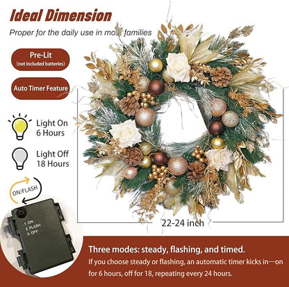 Christmas Wreaths for Front Door with Lights Pre-Lit 24 Inch Champagne Gold Door Wreath with Ball Ornaments, Rose Battery Operated Holiday Thanksgiving Christmas Wreath Decor