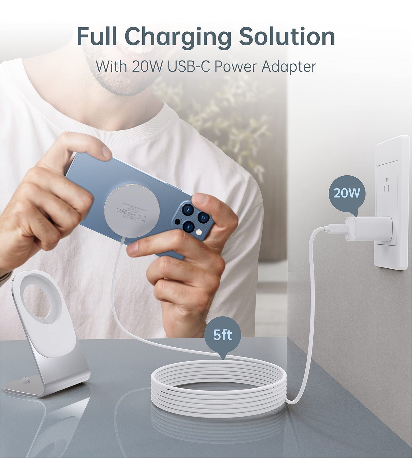 Magnetic Wireless Charger for iPhone 16/15/14/13/12 - Mag Charger+20W USB C Adapter, Fast Wireless Charging Stand/Pad with 5ft USB-C Cable for iPhone 16/15/14/13/12 Pro Max Plus Mini,Mag-Safe Charger
