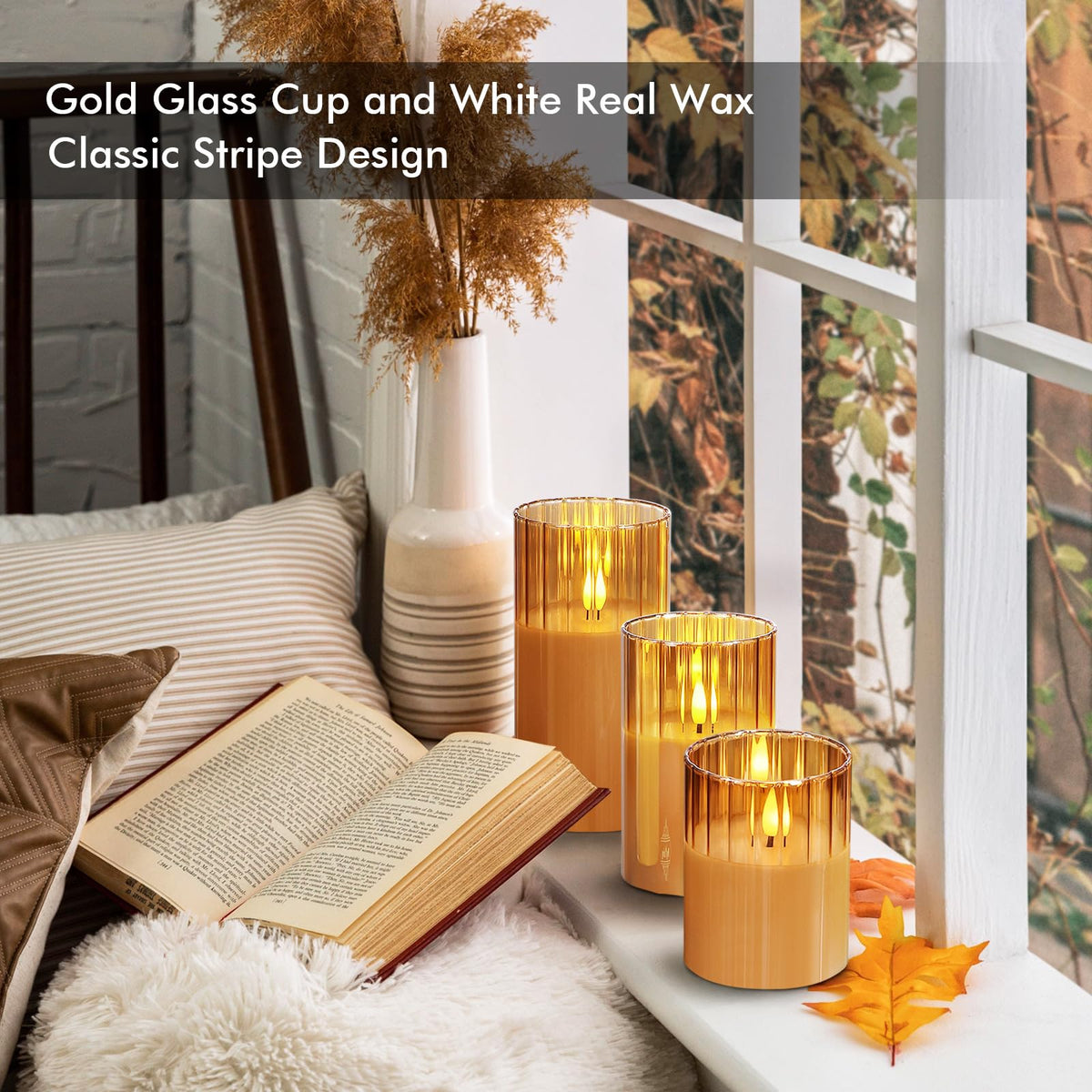 Rhytsing Gold Ribbed Glass Battery Operated LED Candles with Remote, Flameless Candle Gift Set with Timer, Warm White Light- Include 6 Batteries - Set of 3