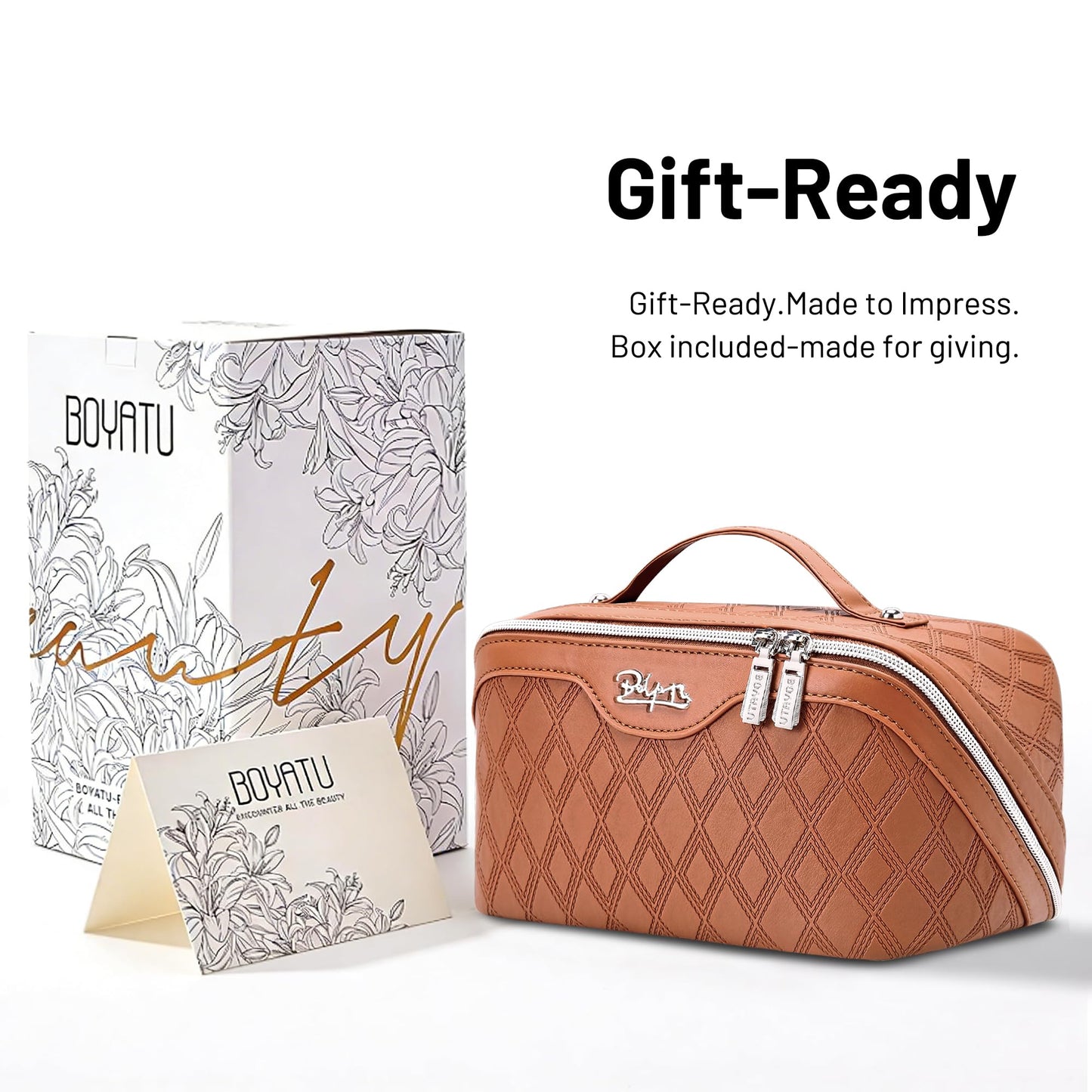 BOYATU Travel Makeup Bag for Women: Large Capacity 3-Piece Quilted Cosmetic & Toiletry Organizer - 2 Detachable Pouches Expand Storage by 50%, Open Flat for Easy Packing, Waterproof PU Leather(Brown)