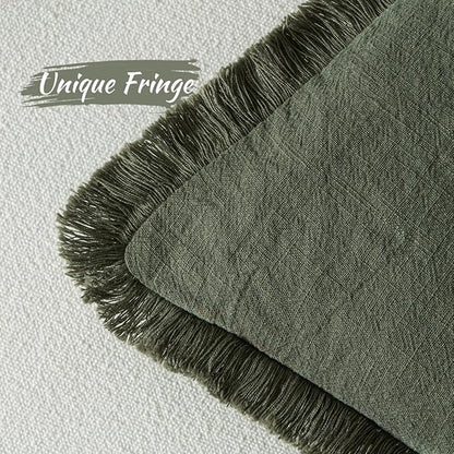 MIULEE Decorative Throw Pillow Covers Neutral Linen Fringe Throw Pillows Set of 2 Rifle Green Boho Farmhouse Cushion Covers with Tassels for Couch Sofa Bed Living Room Spring Home Decor 18x18 Inch