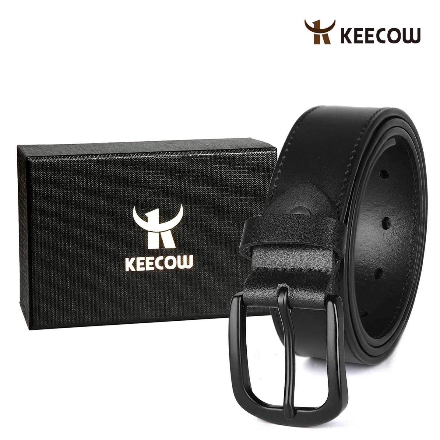 KEECOW Men's 100% Italian Cow Leather Belt Men With Anti-Scratch Buckle,Packed in a Box (Black-1014, 34-38)