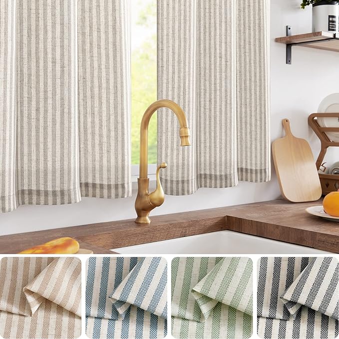 jinchan Striped Linen Kitchen Curtains 30 Inches Tier Curtains Farmhouse Modern Cafe Style Small Window Treatments Airy Light Filtering Rod Pocket for Living Room Bathroom 2 Panels Taupe Grey