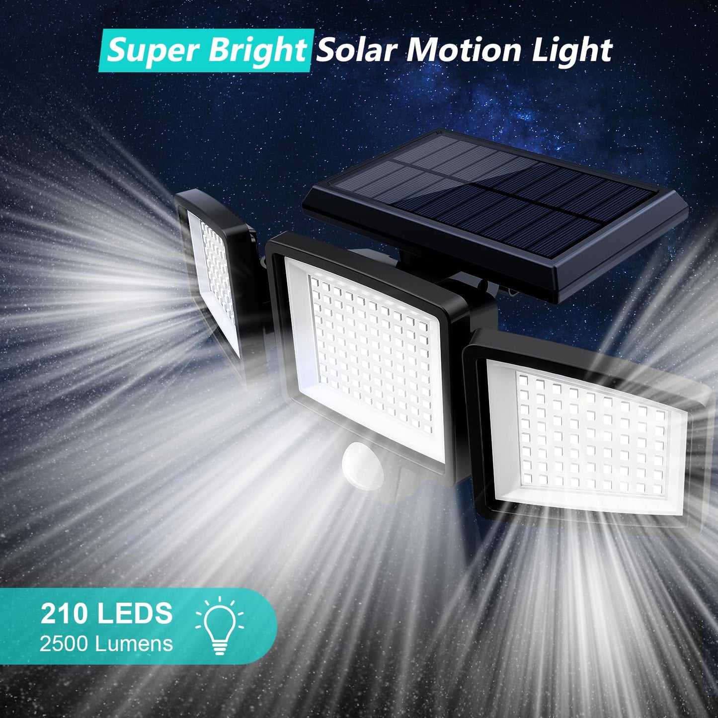 Tuffenough Solar Outdoor Lights 2500LM 210 LED Security Lights with Remote Control,3 Heads Motion Sensor Lights, IP65 Waterproof,270° Wide Angle Flood Wall Lights with 3 Modes (1 Pack)