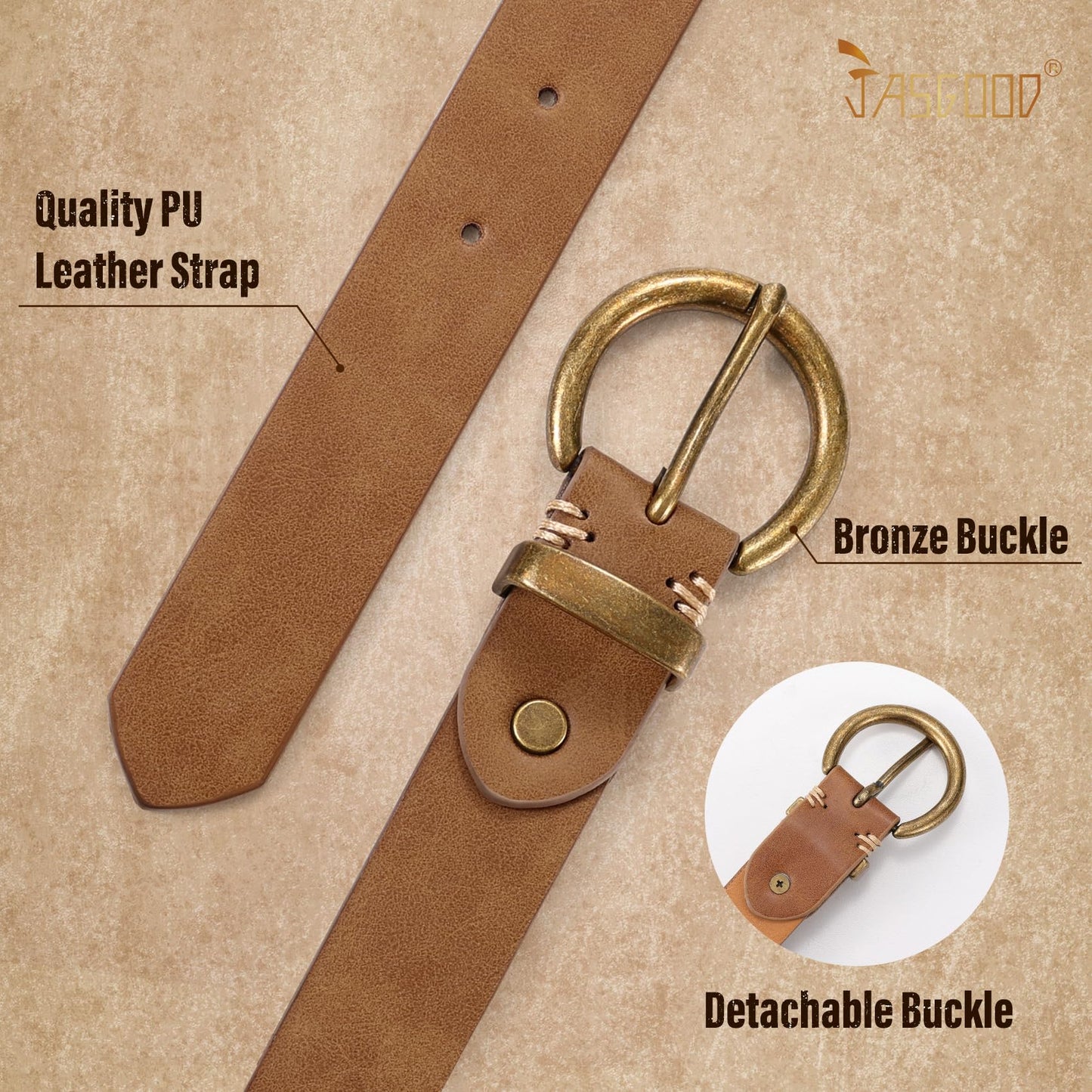 JASGOOD Women Leather Belt for Jeans Pants Vintage PU Leather Belt Solid Brass Circle Buckle for Ladies,Brown