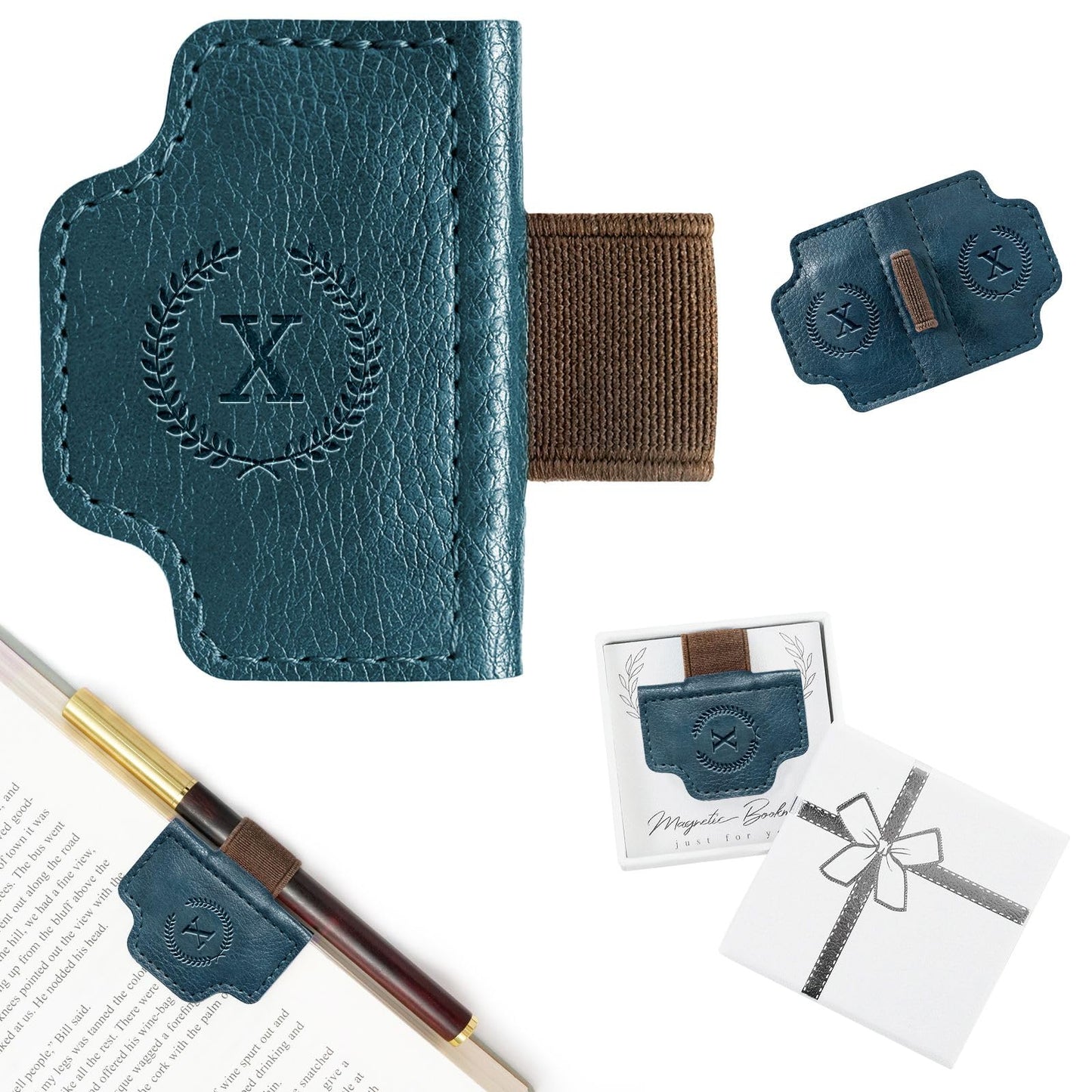 BygoneMark Magnetic Leather Bookmark with Pen Holder, Personalized Custom Initial Page Marker & Pen Clip, Professional Book Accessory for Students (Blue-X)