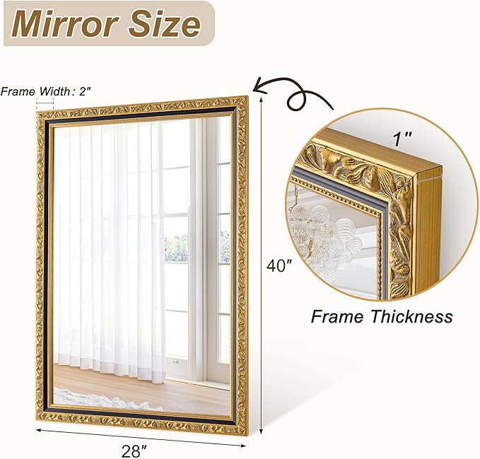 Vintage Black Gold Mirror, 40'' x 28'' Rectangular Antique Wall Mirrors with Ornate Wood Frame, Decorative Mirrors for Living Room, Bathroom, Bedroom, Entryway, Fireplace, Horizontal/Vertical