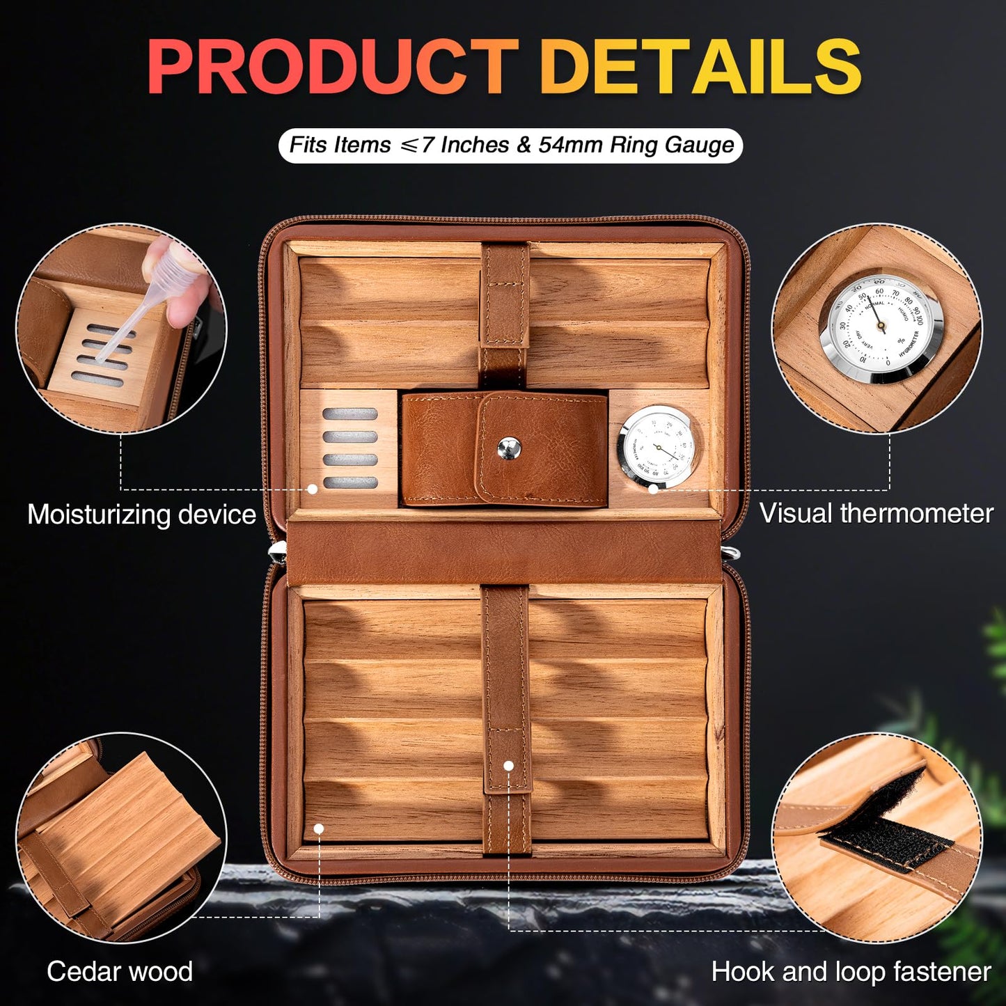 Leather Cedar Wood Case, Travel Box with Hygrometer, Capacity: 6pcs,Draw Enhancer Tool, Gifts for Men(Brown)