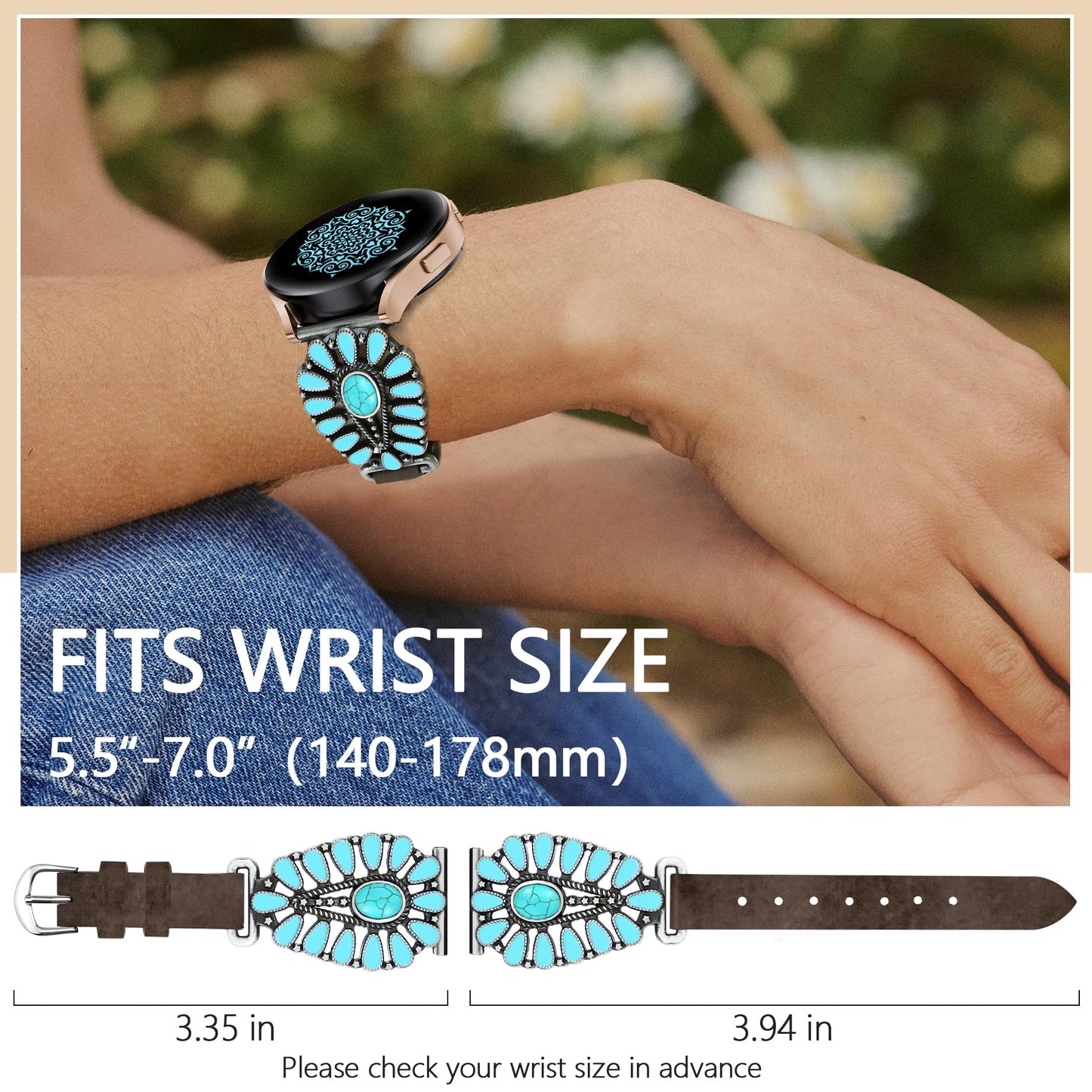 JR.DM Leather Band Women Compatible with Samsung Galaxy Watch 7/6/5/4/Active 2 40mm 44mm/Watch 6 Classic 43mm 47mm/Watch 5 Pro 45mm/Watch 4 Classic 42mm 46mm, Western Boho Turquoise 20mm Straps, Brown