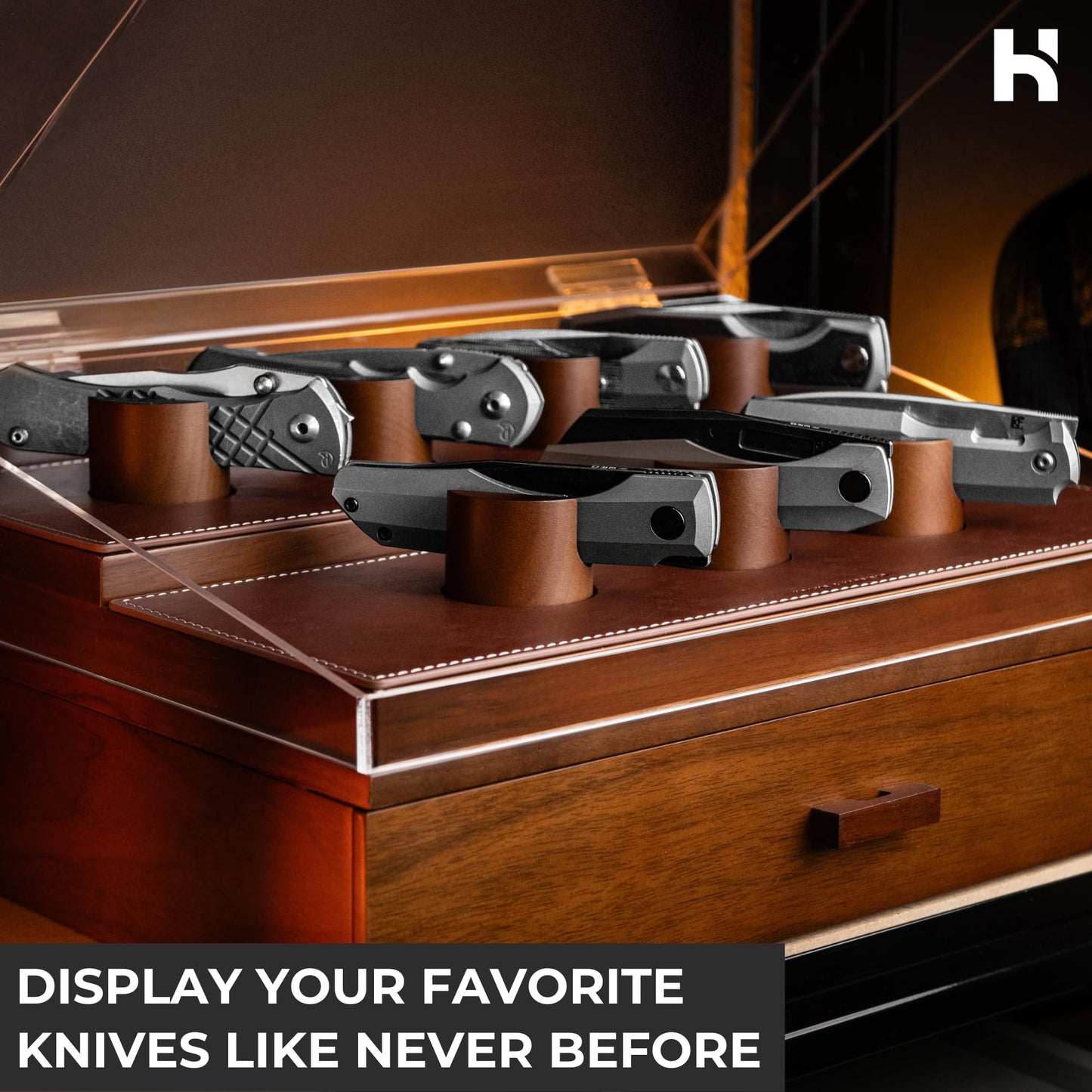 Premium Pocket Knife Display Case for 30 Knives - Large Wooden Knife Organizer, Storage & Holder with Unique Pillars, Hinged Cover, Drawer - Knife Collection Box - Handcrafted Father's Day Present