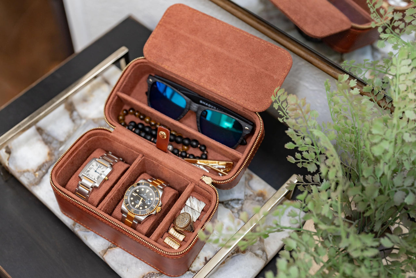 DIGICASE Watch and Jewelry Travel Case for Men & Women, Luxury PU Leather Organizer for 2 Watches, Rings, Earrings & Sunglasses - Black - Zippered Compact Travel Storage Jewelry Holder Gift (BROWN)