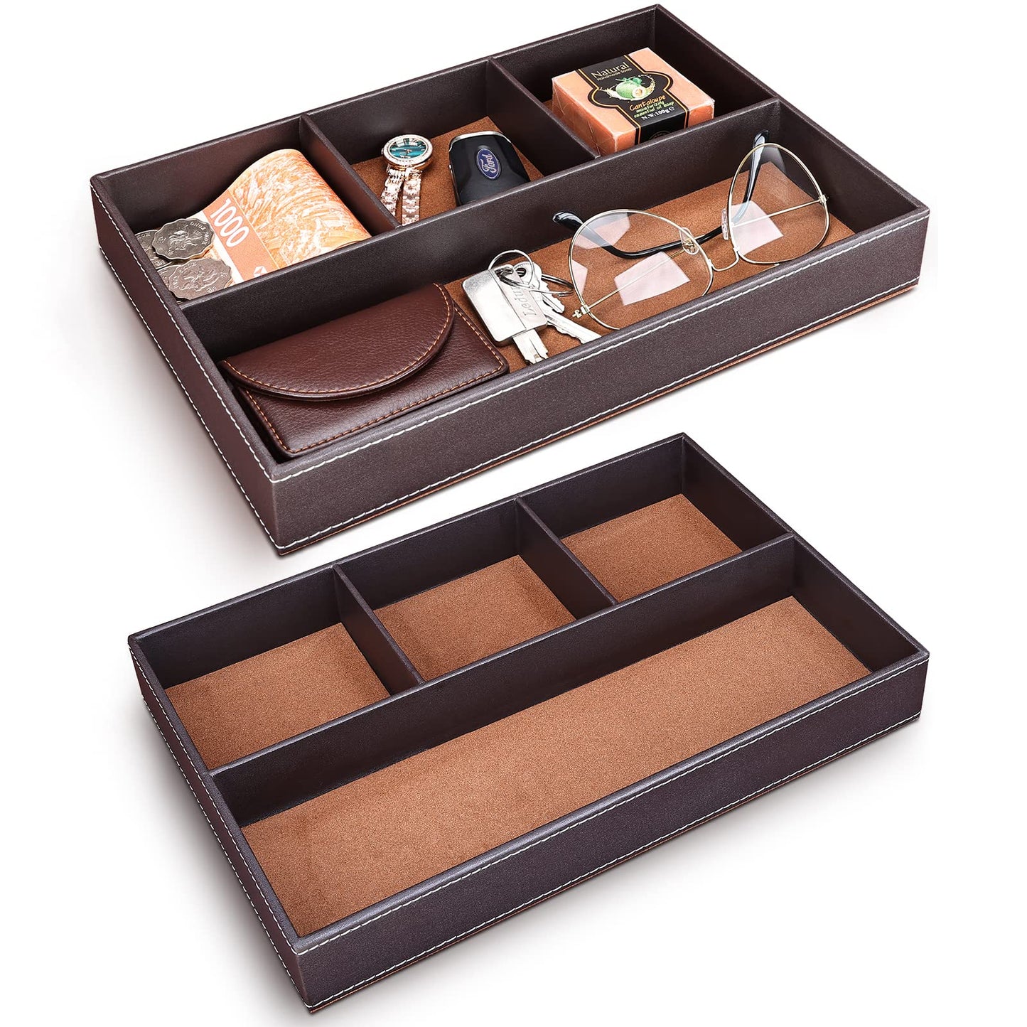 GORESE 2 Pieces Faux Leather Valet Tray for Men, Stackable Jewelry Trays for Drawers, Mens Dresser Top Organizer for Key, Wallet, Sunglass, Watch, Coin, Phone, Nightstand Bedside Tray Brown