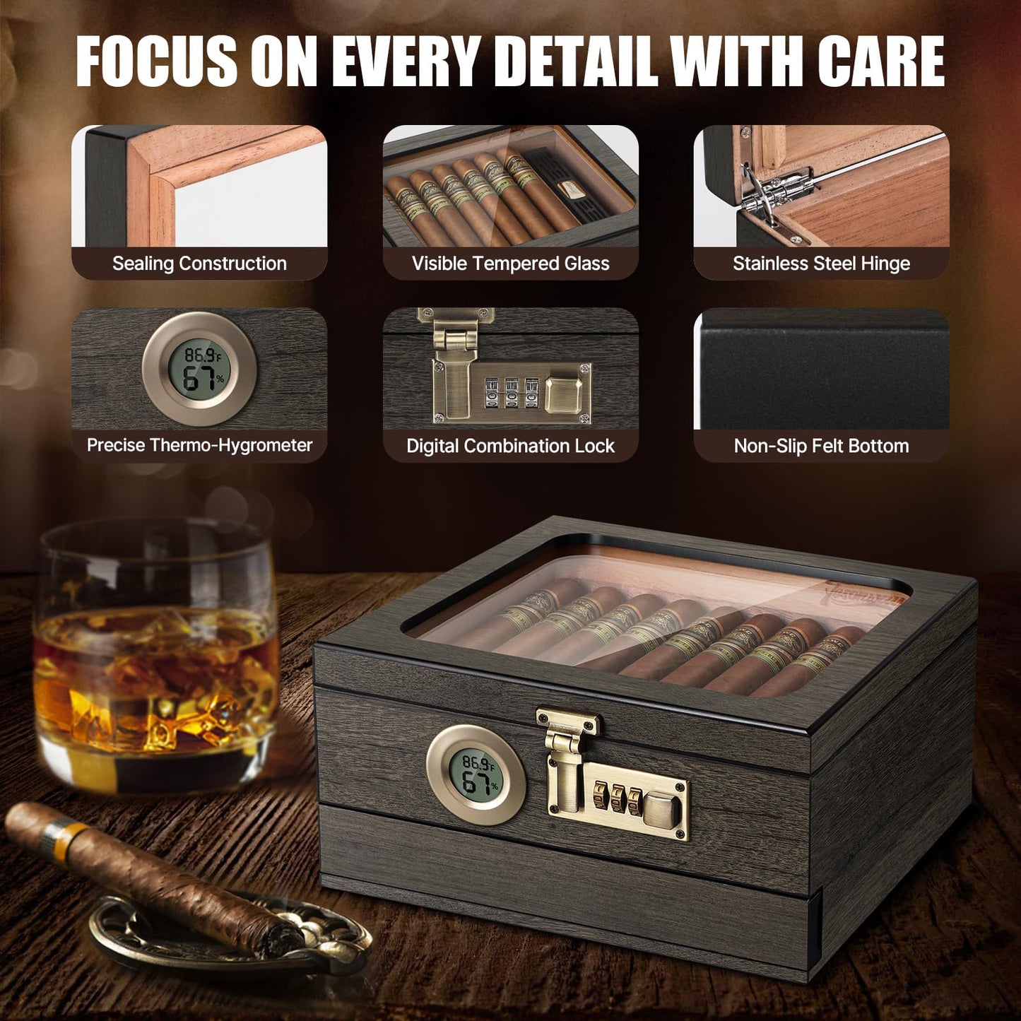 Tesonway Cigar Humidor,Cedar Wood Humidor Cigar Box,Glass Top Desktop Humidor with Digital Thermo-Hygrometer, Humidifier, Divider, Accessories Drawer and Combination Lock,Cigar Gift for Men