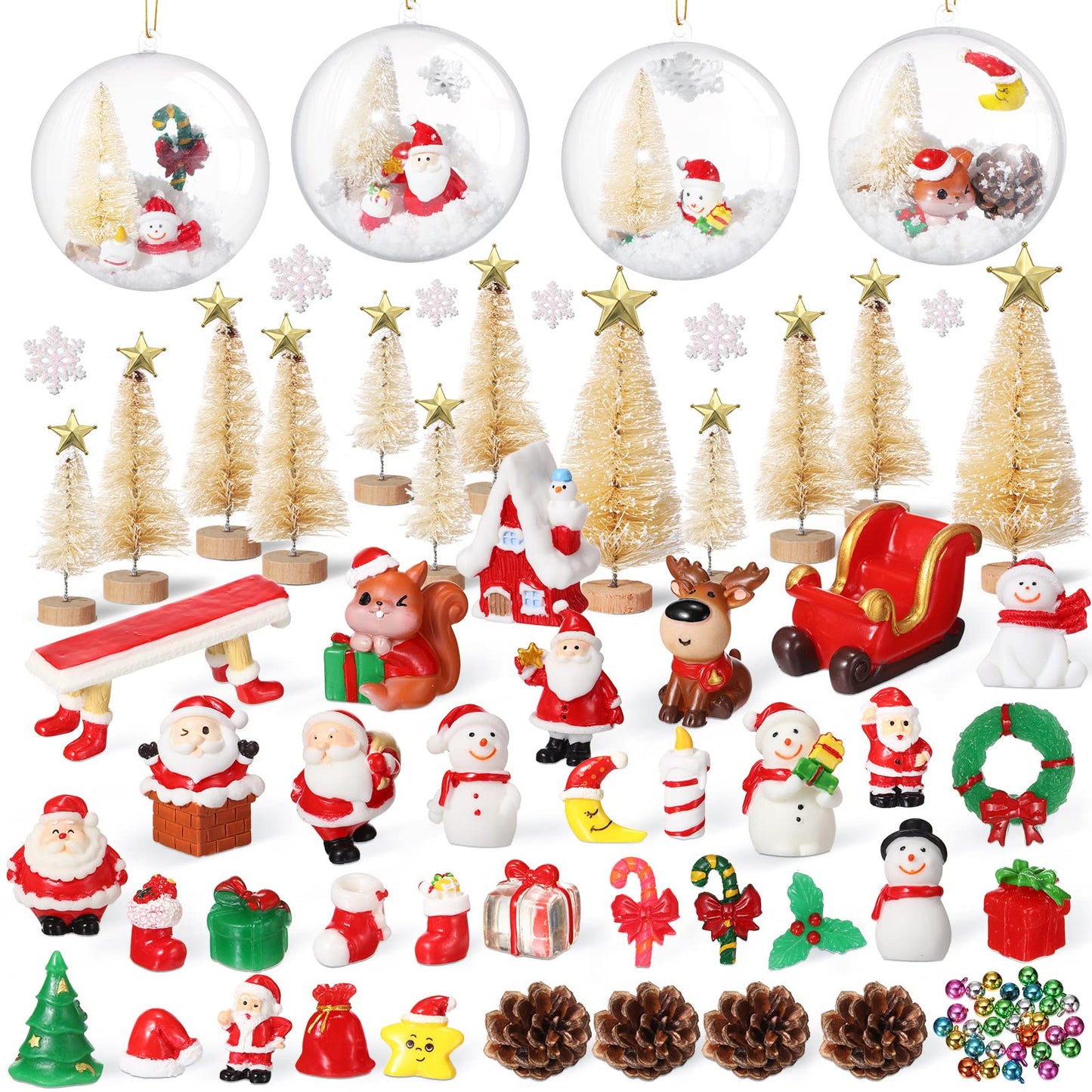 Roowest 96 Pcs Miniature Ornaments for Snow Globe Kit DIY Christmas Village Decoration Christmas Figurines Mini Ornaments with Snowman Reindeer Santa Claus Snowflake(Beige)