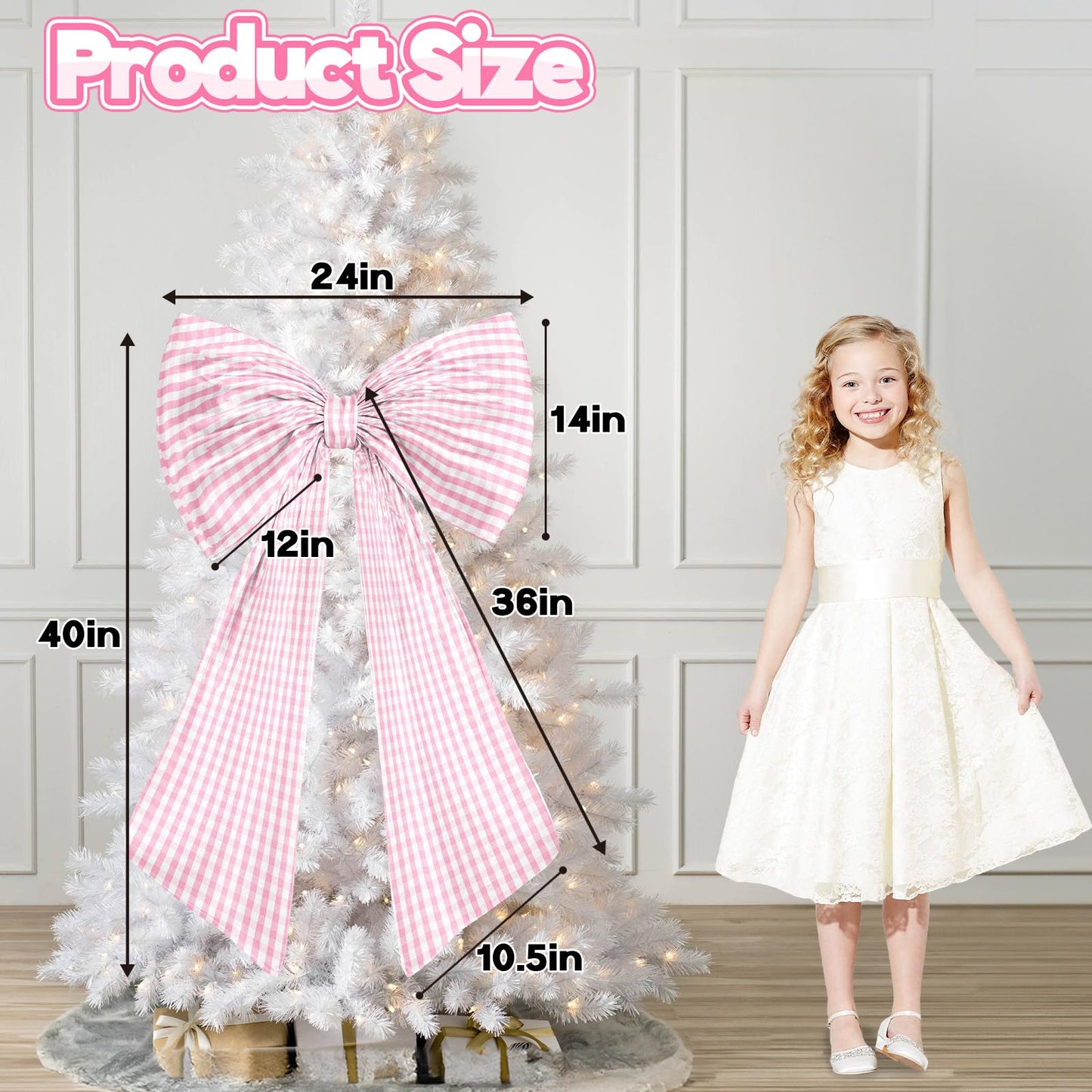 Big Pink Bow Decor Giant Pink White Checkered Coquette Bow for Birthday Party Decorations for Girls, Large Ribbon Tie Hanging Gift Coquette Wall Decor (Textured Cotton, Internal Stability Layer)