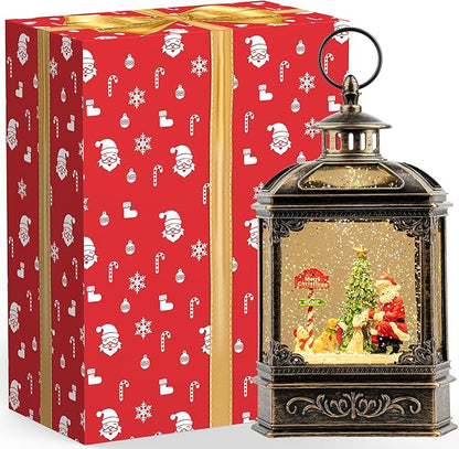Christmas Snow Globe Lantern Water Glittering Santa Claus & Pups with Music & Timer, USB Lined/Battery Operated Lighted Lantern for Christmas Festival Decoration Gifts