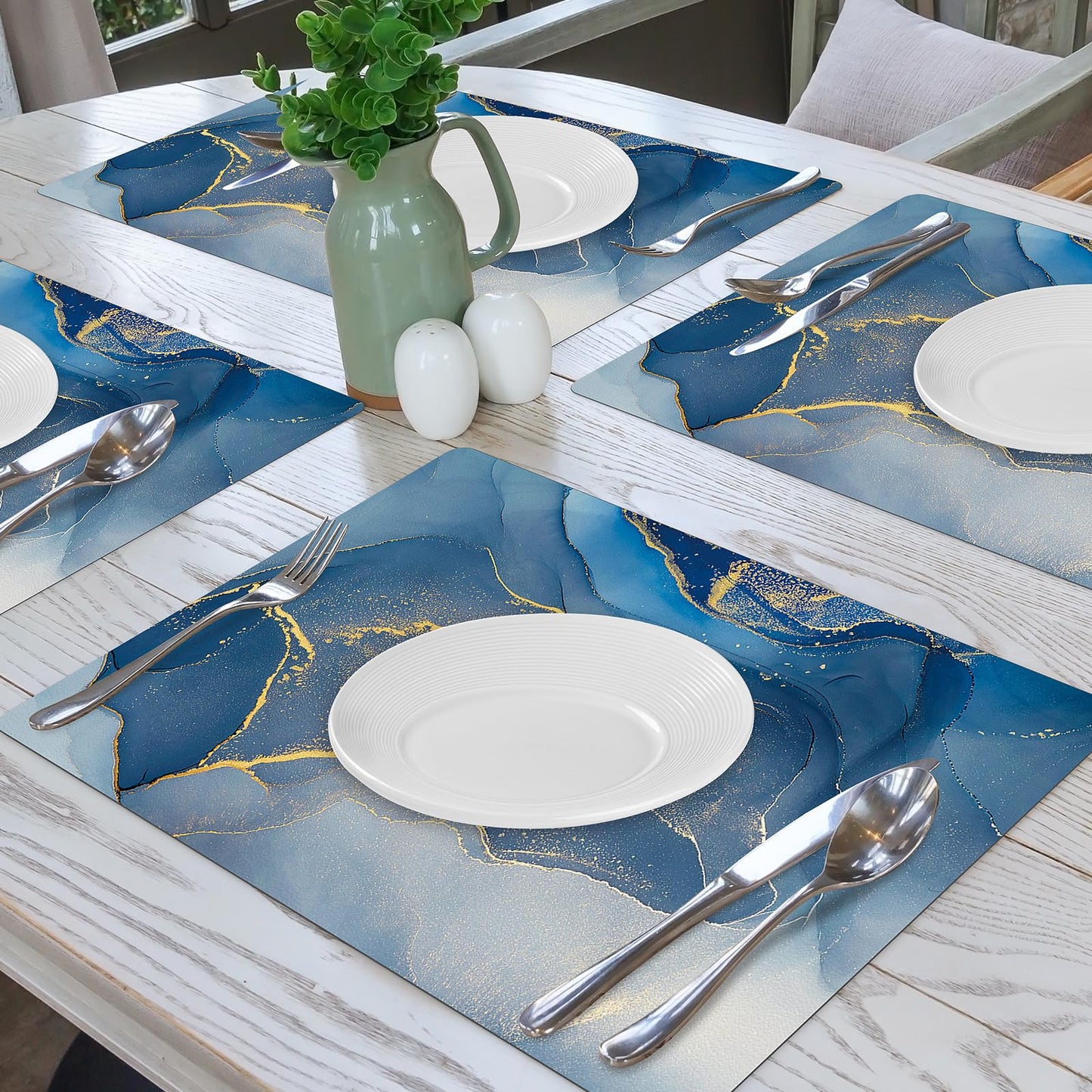 Aimego Marble Placemats Set of 4 - Blue and Gold Faux Leather Table Place Mats Set Wipe Clean Waterproof Heat Resistant Anti Slip Washable Placemat for Indoor Outdoor Kitchen Dining Table, 17" x 12"