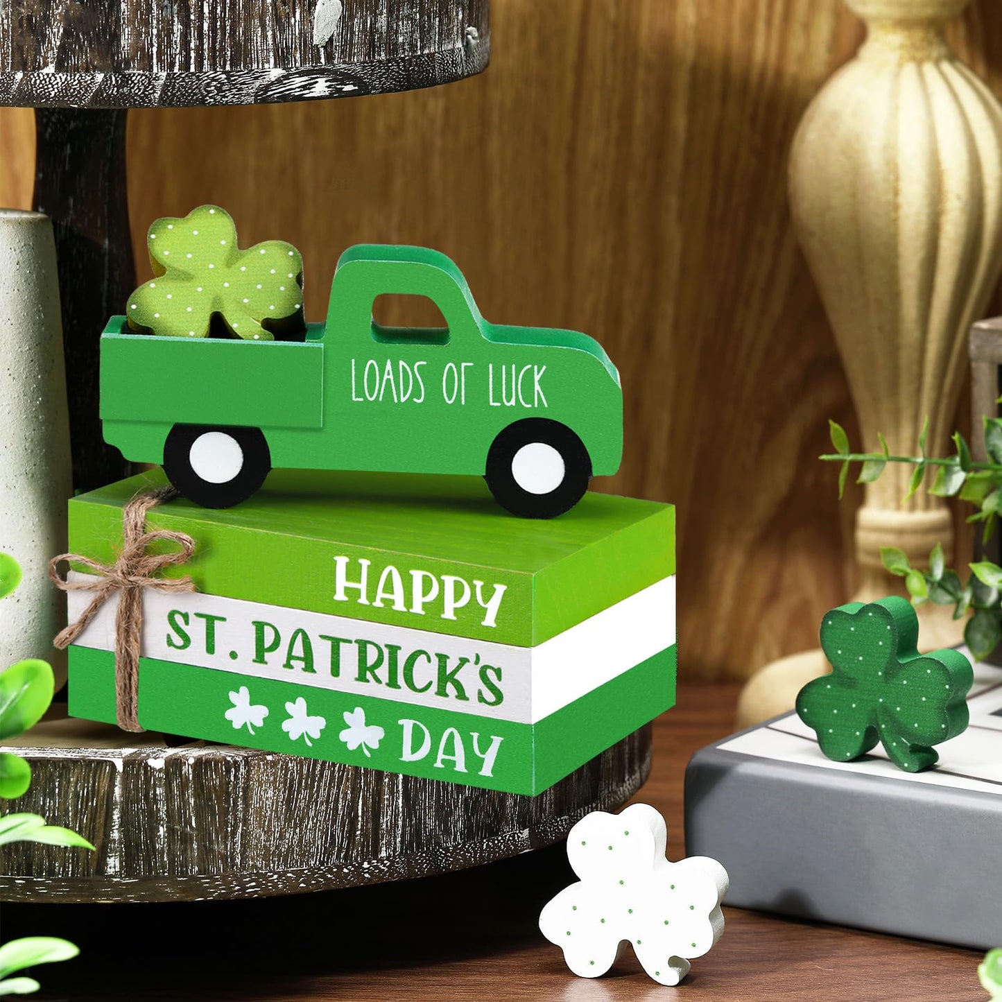 DoubleFill 7 Pcs St Patricks Day Decorations St Patricks Day Tiered Tray Decor Irish Wood Lucky Shamrock Table Centerpiece Decor 3 Faux Books Bundle with Twine Green Truck Sign for Bookshelf Home Gift