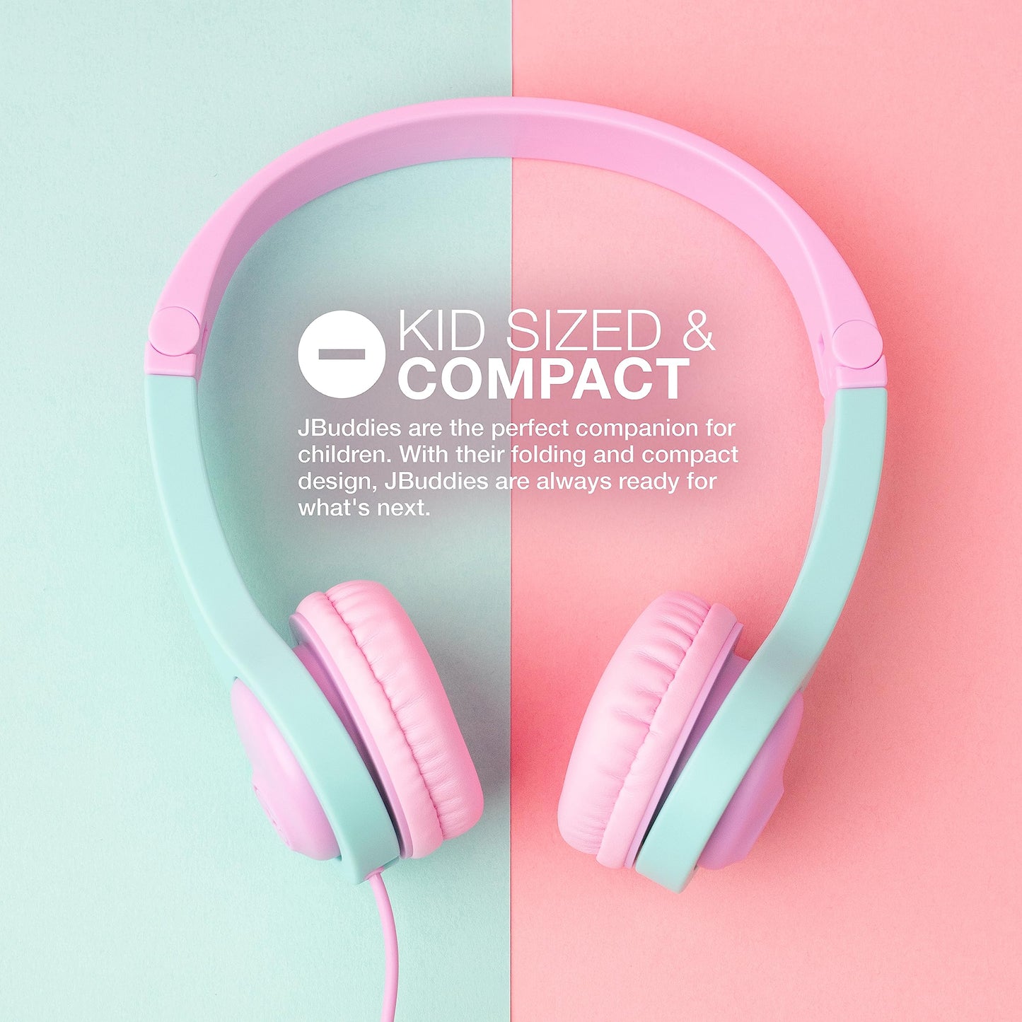 JLab JBuddies Folding Kids Wired Headphones Gen 2, Pink/Teal, Toddler Headphones, Noise Isolation, Kids Safe, Volume Limiting, for Children Ages 2+