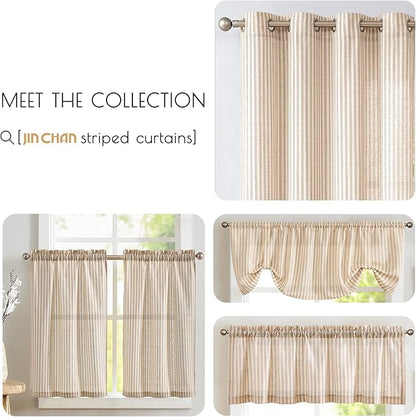 jinchan Tie Top Linen Kitchen Curtains 36 Inches Striped Tier Curtains Farmhouse Modern Cafe Style Small Window Treatments Airy Light Filtering Rod Pocket for Living Room Bathroom 2 Panels Tan