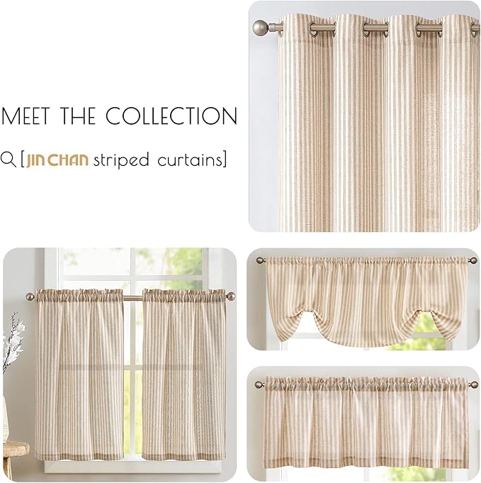 jinchan Tab Top Linen Kitchen Curtains 36 Inch Striped Tier Curtains Ticking Stripe Small Drapes for Living Room Bathroom Cafe Small Window Farmhouse Rustic Pinstripe Rod Pocket 2 Panels Tan