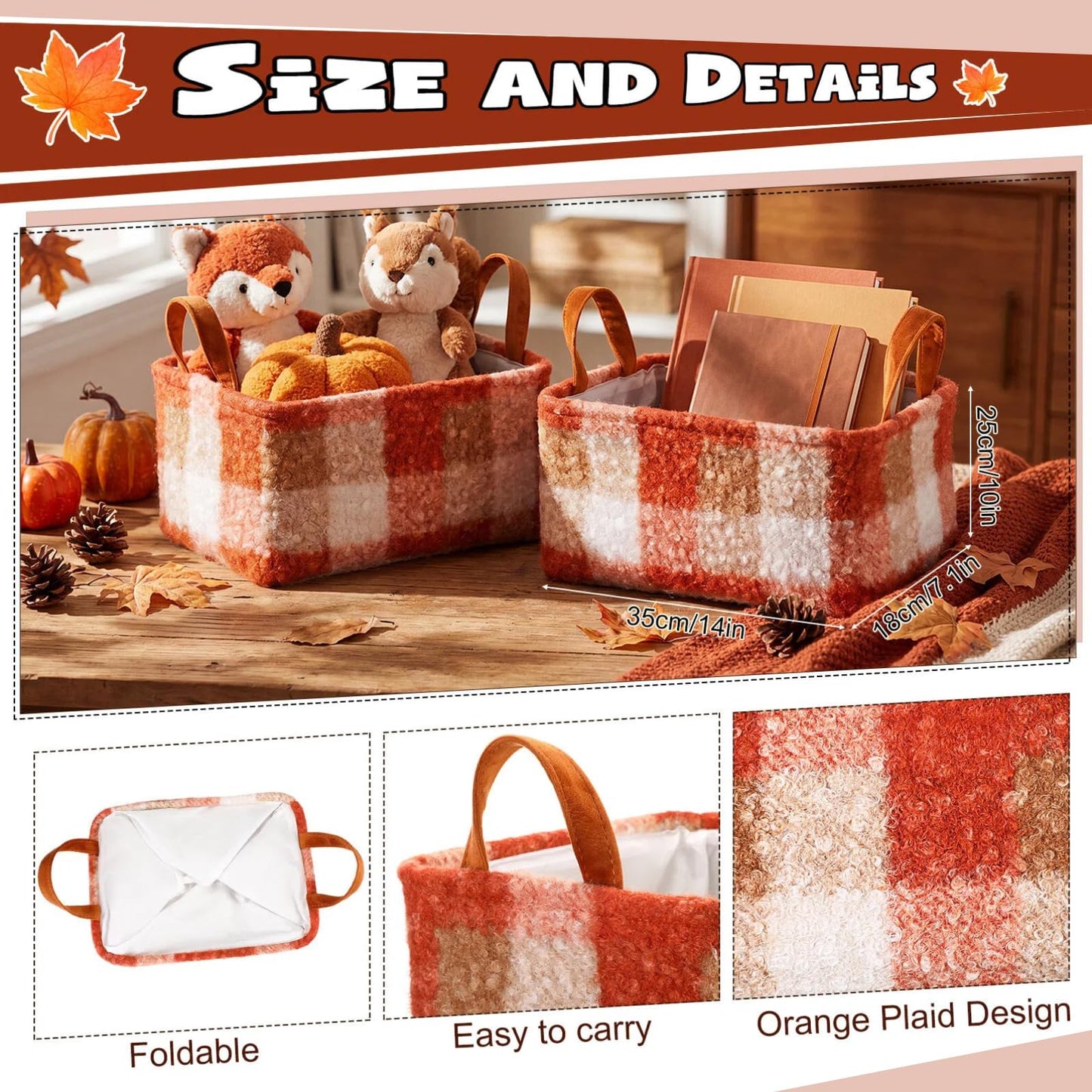 Yiyiring 2 Pcs Orange Plaid Storage Baskets 14x10 Inch Fall Theme Baskets Plaid Laundry Foldable Fluffy Boucle Storage Bin with Handle Autumn Home Decor Closet Organizer for Countertop Tabletop Car
