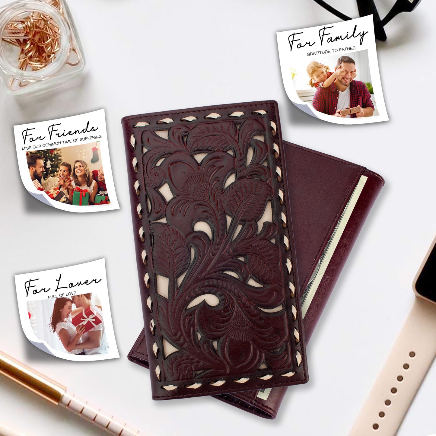 MUXILING Men's Rodeo Wallet Western RFID-Blocking Leather Wallet Bifold Long Cowboy Long Wallets With Floral Inlay Buckstitch