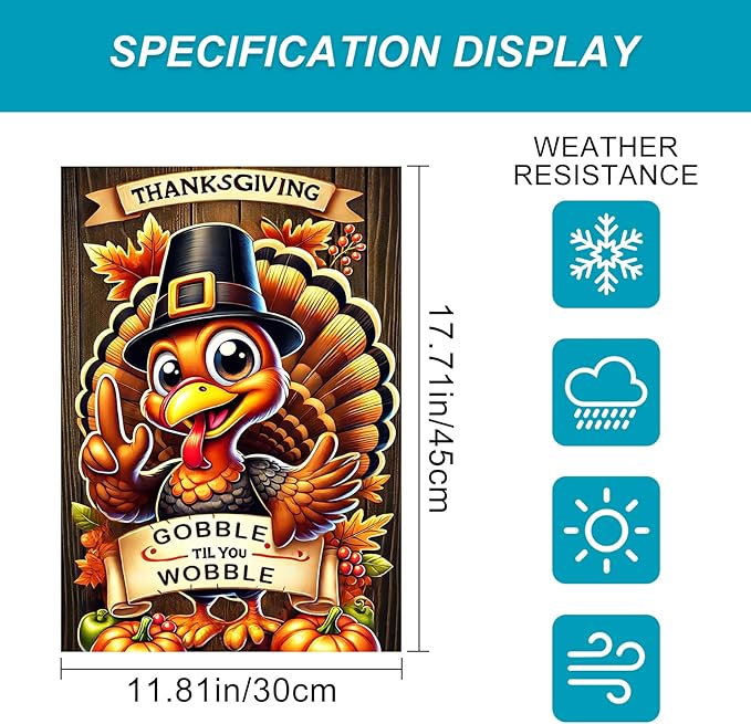 Thanksgiving Turkey Garden Flag 12x18 Inch Welcome Gobble Til You Wobble Outdoor Flag Double Sided Fall Autumn Yard Banner with Cartoon Pilgrim Turkey and Pumpkins for Porch Lawn Patio