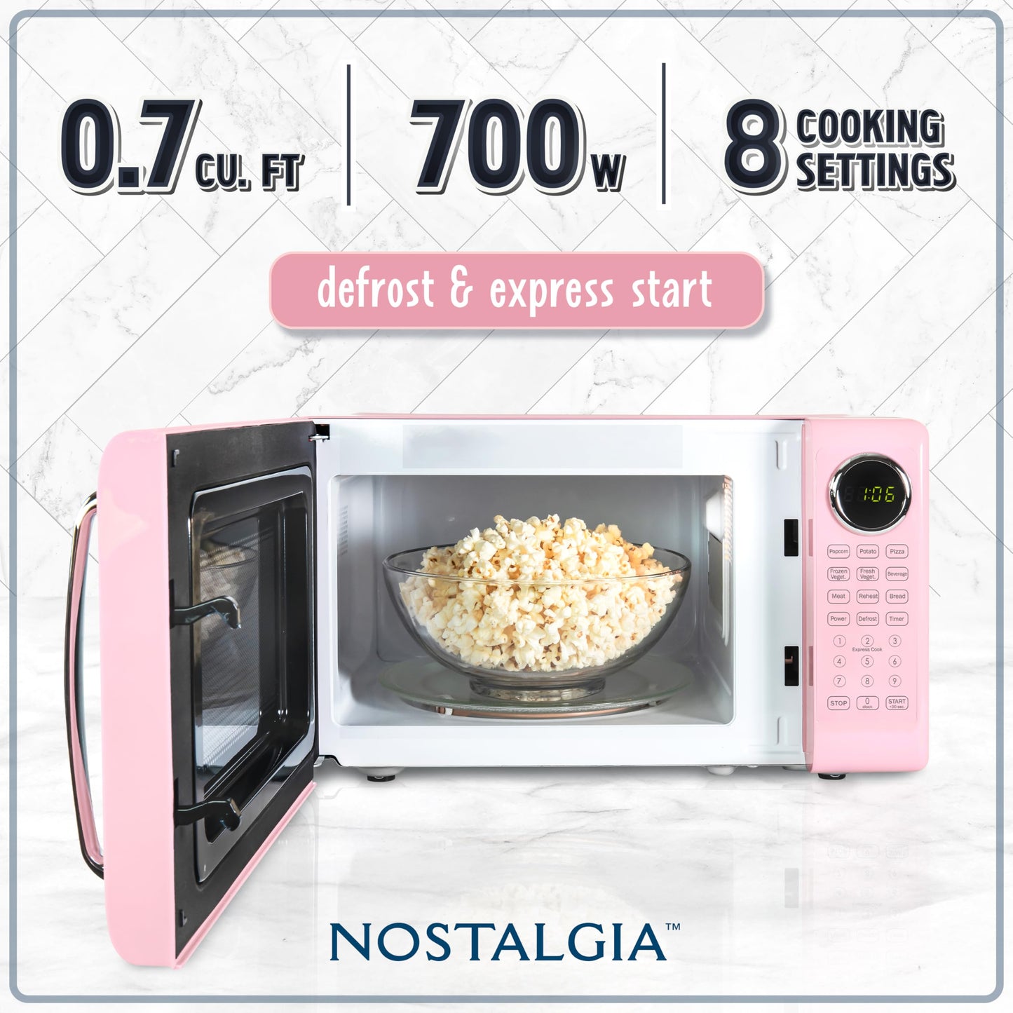Nostalgia Retro Microwave Oven - 0.7 Cu Ft, 700-Watt Countertop Size with Glass Turntable, Child Safety Lock, 8 Auto-Cook Programs, Digital Clock - Aqua