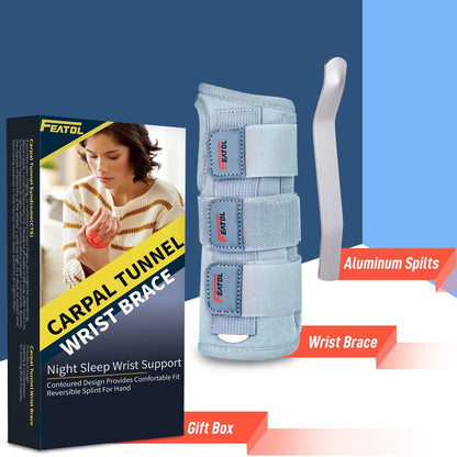 FEATOL Wrist Brace Carpal Tunnel for Women Men, Adjustable Night Sleep Support Brace with Splints Right Hand, Medium/Large