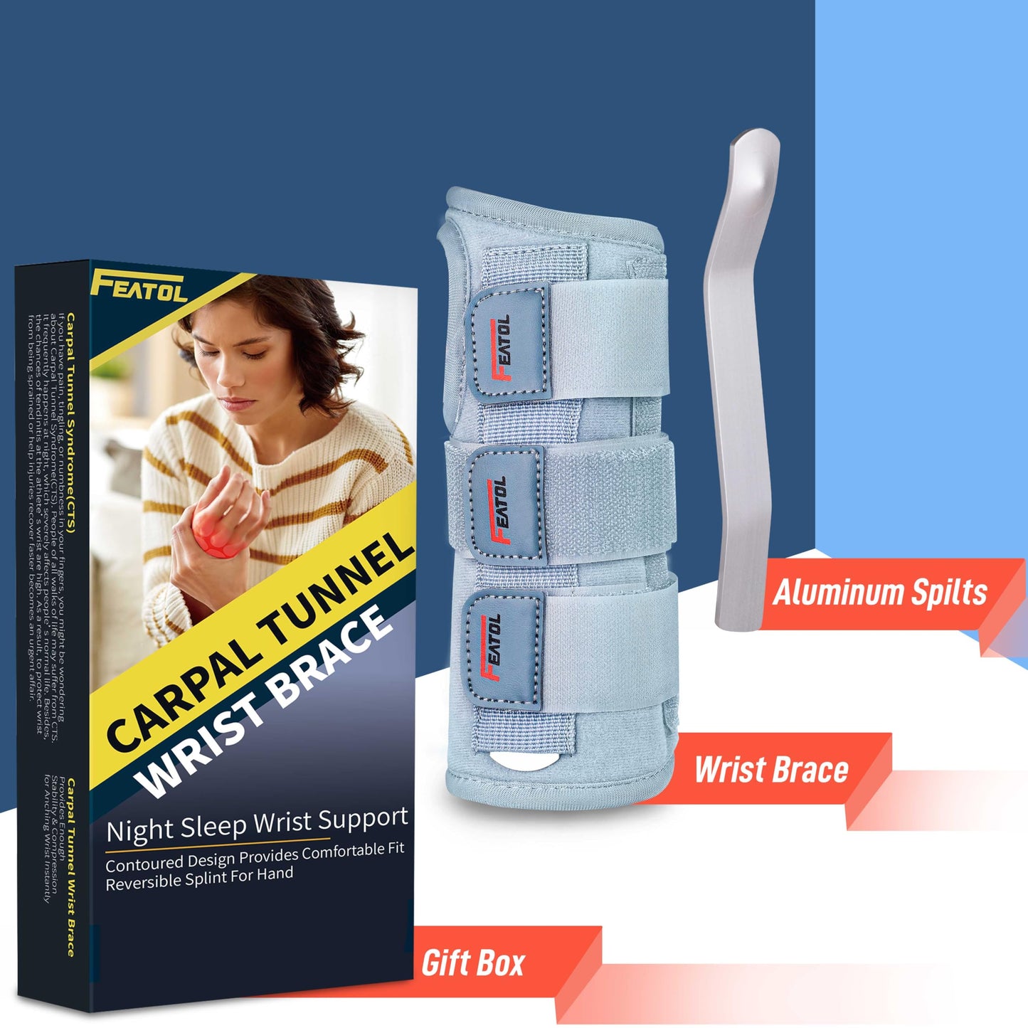FEATOL Wrist Brace Carpal Tunnel for Women Men, Adjustable Night Sleep Support Brace with Splints Right Hand, Large/X-Large