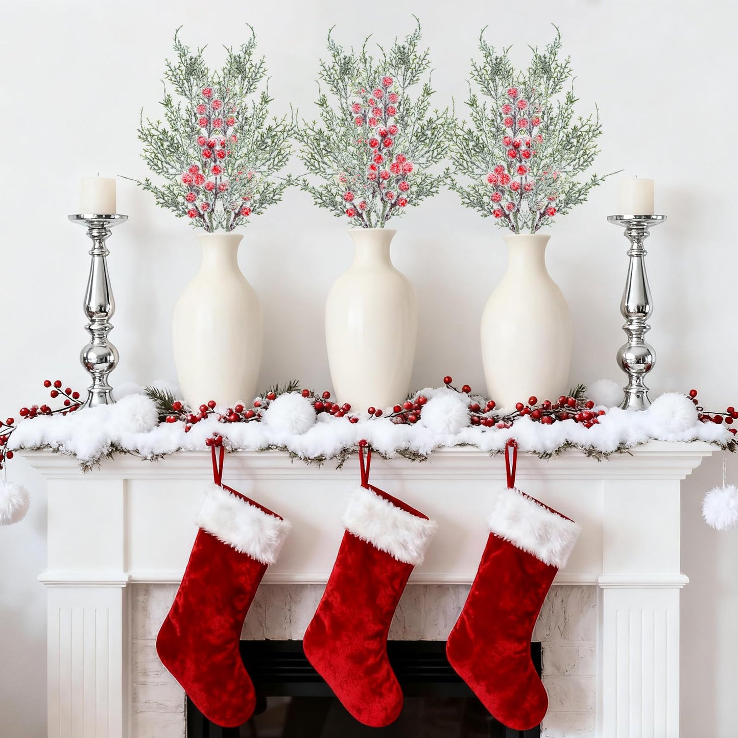 GoClimber 6 Pcs Snowy Artificial Cedar Picks with Red Berries, Christmas Tree Picks Frosted Faux Cedar Sprays with Greenery Branches Stems, Floral Picks for Vase Fillers Craft Wreath Holiday Décor