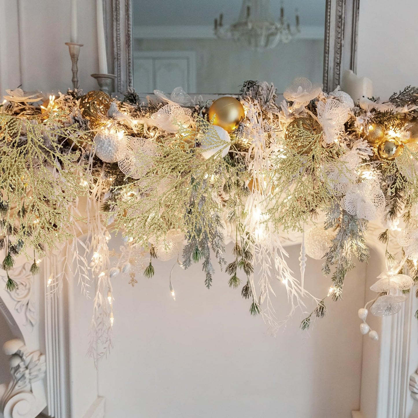 Winlyn 15 Pcs Christmas Artificial Cedar Sprays Champagne Glittered Faux Cedar Branches Stems Christmas Tree Ornament Picks 14.4" for Christmas Tree Wreath Wedding Bouquet Holiday Centerpiece
