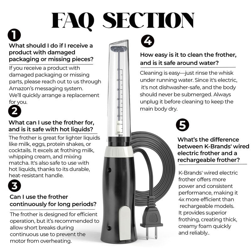 K-Brands Corded Electric Milk Frother with Plug in - Handheld Electric Whisk Stirrer Whipper - Foam Maker for Coffee, Latte, Cappuccino, Hot Chocolate – Powerful Drink Mixer