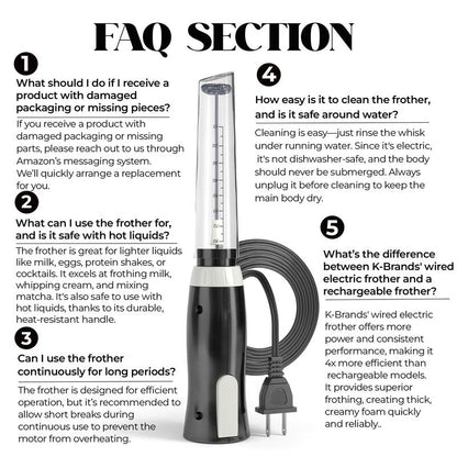 K-Brands Corded Electric Milk Frother with Plug in - Handheld Electric Whisk Stirrer Whipper - Foam Maker for Coffee, Latte, Cappuccino, Hot Chocolate – Powerful Drink Mixer