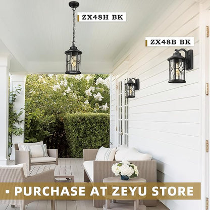 zeyu Farmhouse Outdoor Wall Lantern - 12 Inch Exterior Wall Sconce, Cast Aluminum with Seeded Glass, Black Finish, ZX48B BK