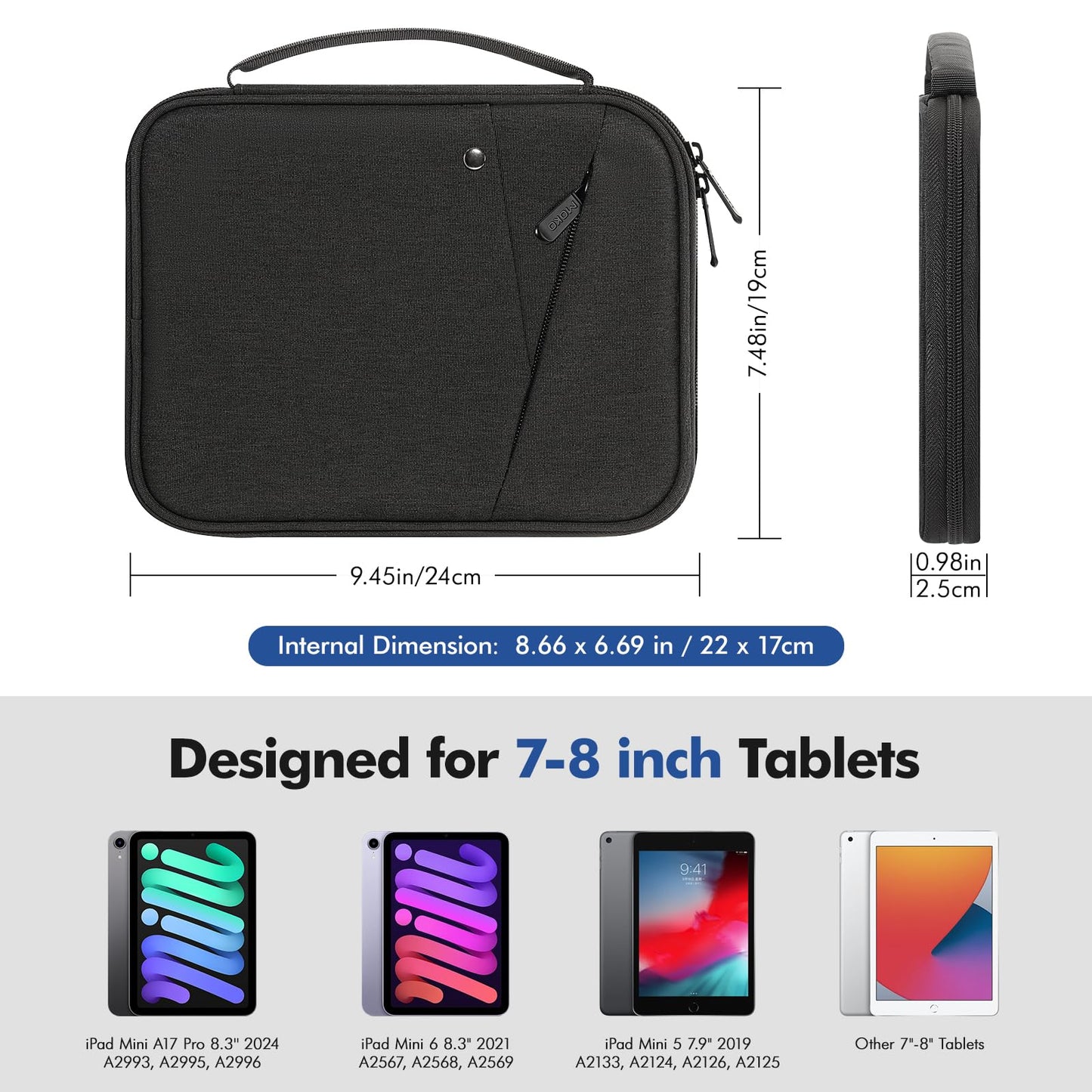 MoKo 7-8 Inch Tablet Sleeve Carrying Case with Handle, Padded Protective Travel Bag for iPad Mini A17 Pro/6th 8.3'', iPad Mini 5/4/3/2th 7.9", Black & Gray