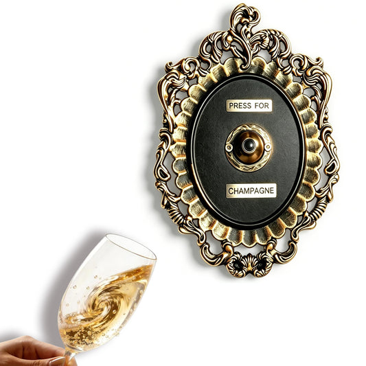 Vintage Wall Decor - Press for Champagne Button, Metal Framed Gold & Black Wall Plaque with Sound, Ladies' champagne themed gift, Christmas Party, Home Bedroom Hotel Glam Decor