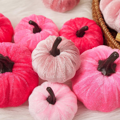 Yoisdtxc 12Pcs Halloween Mini Pumpkins Velvet Artificial Pumpkins Fake Pumpkins Table Centerpiece for Farmhouse Fall Harvest Thanksgiving Halloween Party Decoration (Pink, One Size)