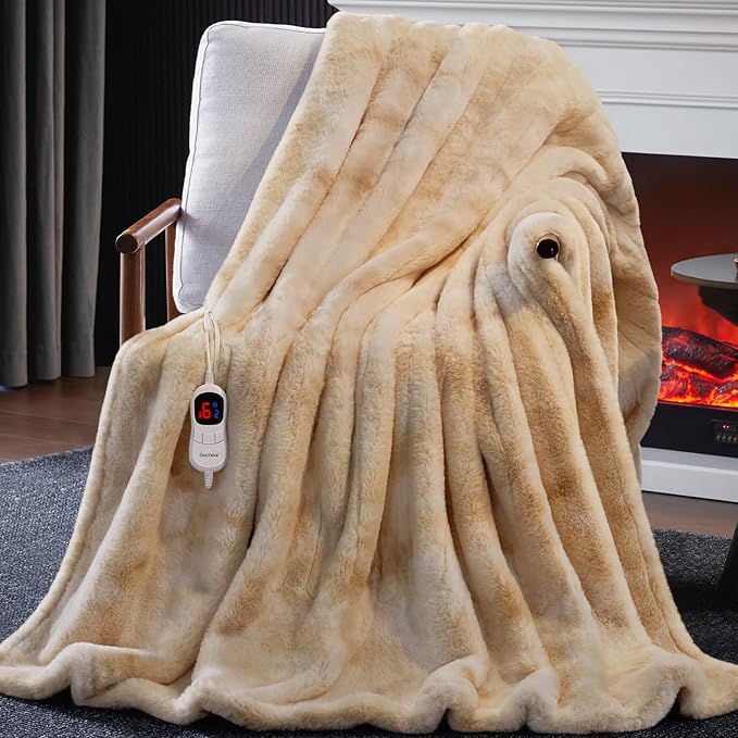 Guohaoi Heated Blanket Electric Throw, Soft Faux Rabbit Fur Electric Blanket with 10 Heating Levels 5 Sitting Timer Auto Off, Cozy Warm Heating Blankets, Machine Washable(72"×84" Beige)