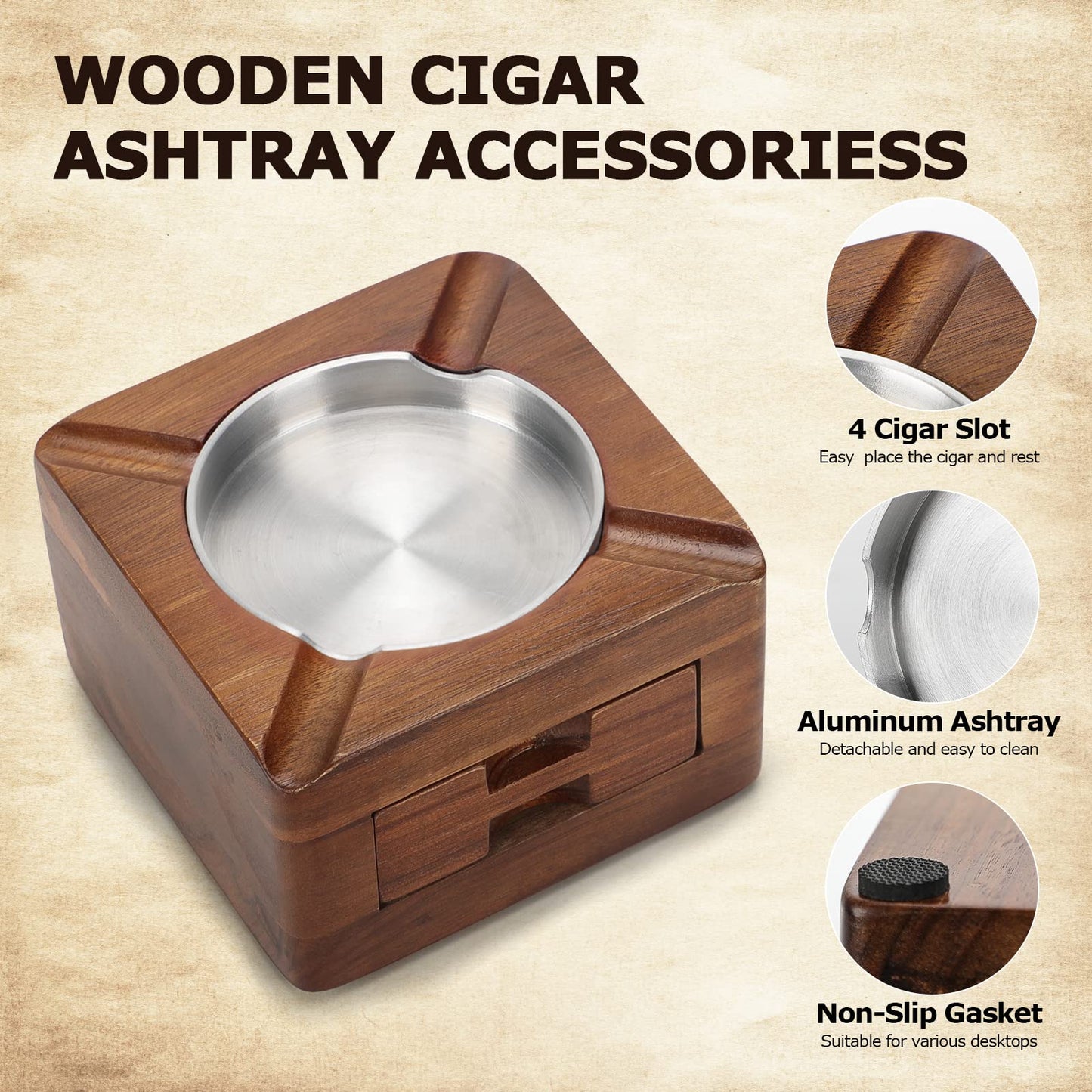 Tesonway Cigar Ashtray, Wooden Ashtray, Square Ashtray 4 Slots Cigar Holder with Accessories Drawer for Indoor Outdoor Patio Home Office, Personalized Cigar Gifts for Men