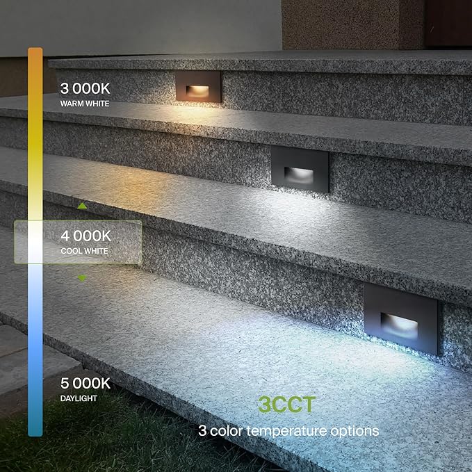 ASD LED Recessed Step Light Fixture, Outdoor & Indoor Stair Tread Lighting | 3CCT, Dimmable, Waterproof, ETL Listed | 3W 120LM 3000K-5000K 120V | Staircase Hardwired Illumination | Dark Bronze