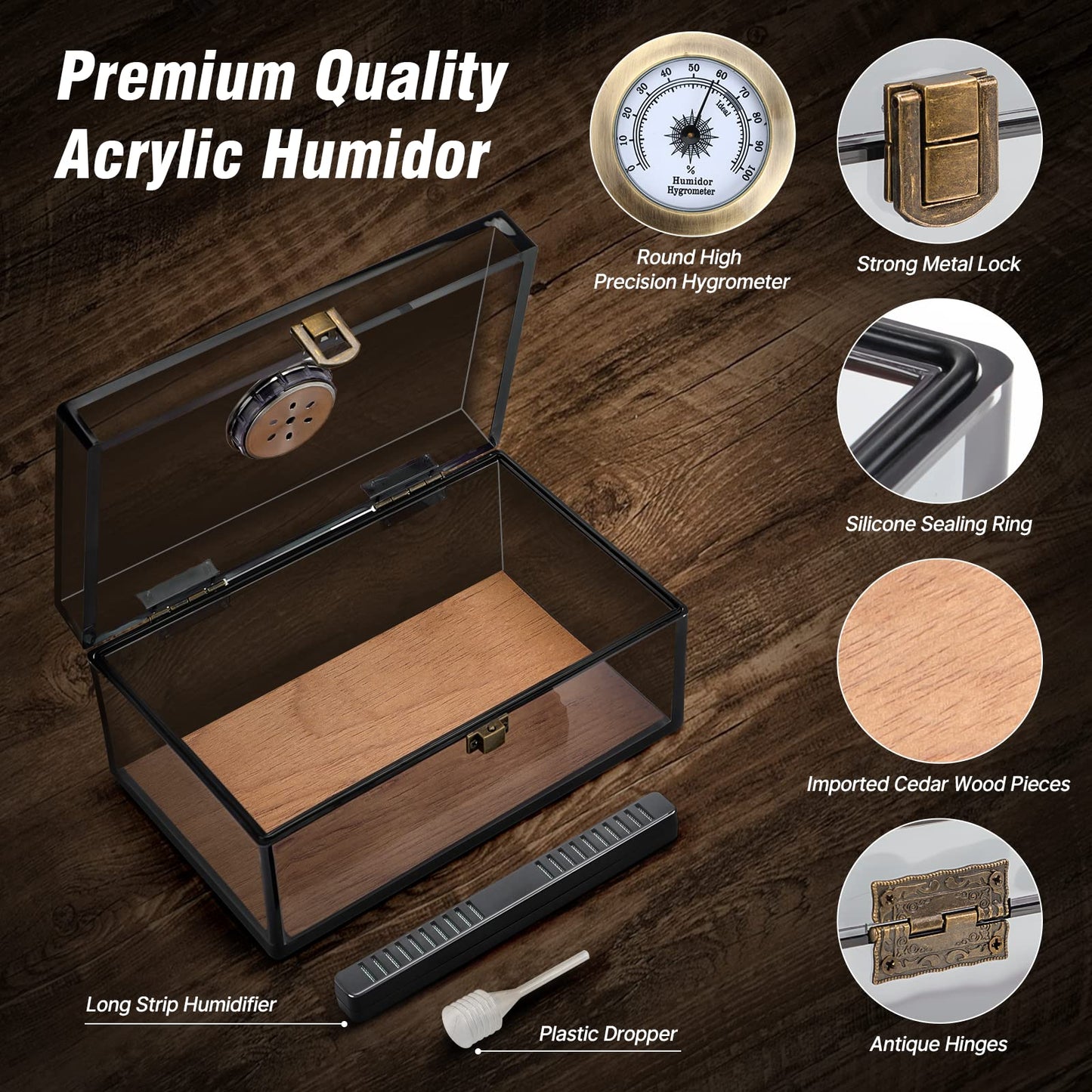 Scotte Acrylic Humidor - Cigar Box With Hygrometer, Humidifier & Accessories (Grey, Holds 20 Cigars)