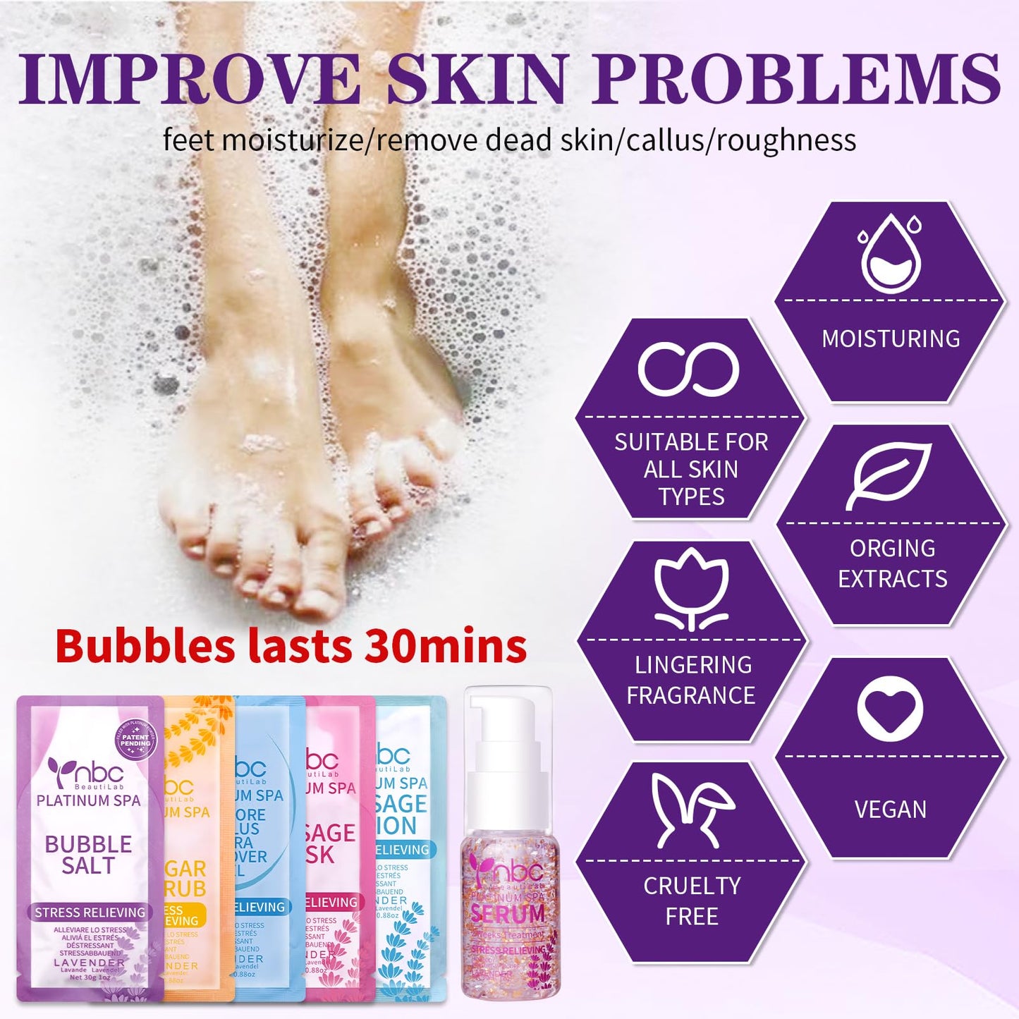 Pedicure Kit Foot Soak Set: Bubble Salt, Sugar Scrub, Massage Mask, Massage Lotion in a Box, 4 Step Foot Spa Kit for Dry Feet,Tired Feet（3 Set Tropical Fruit)