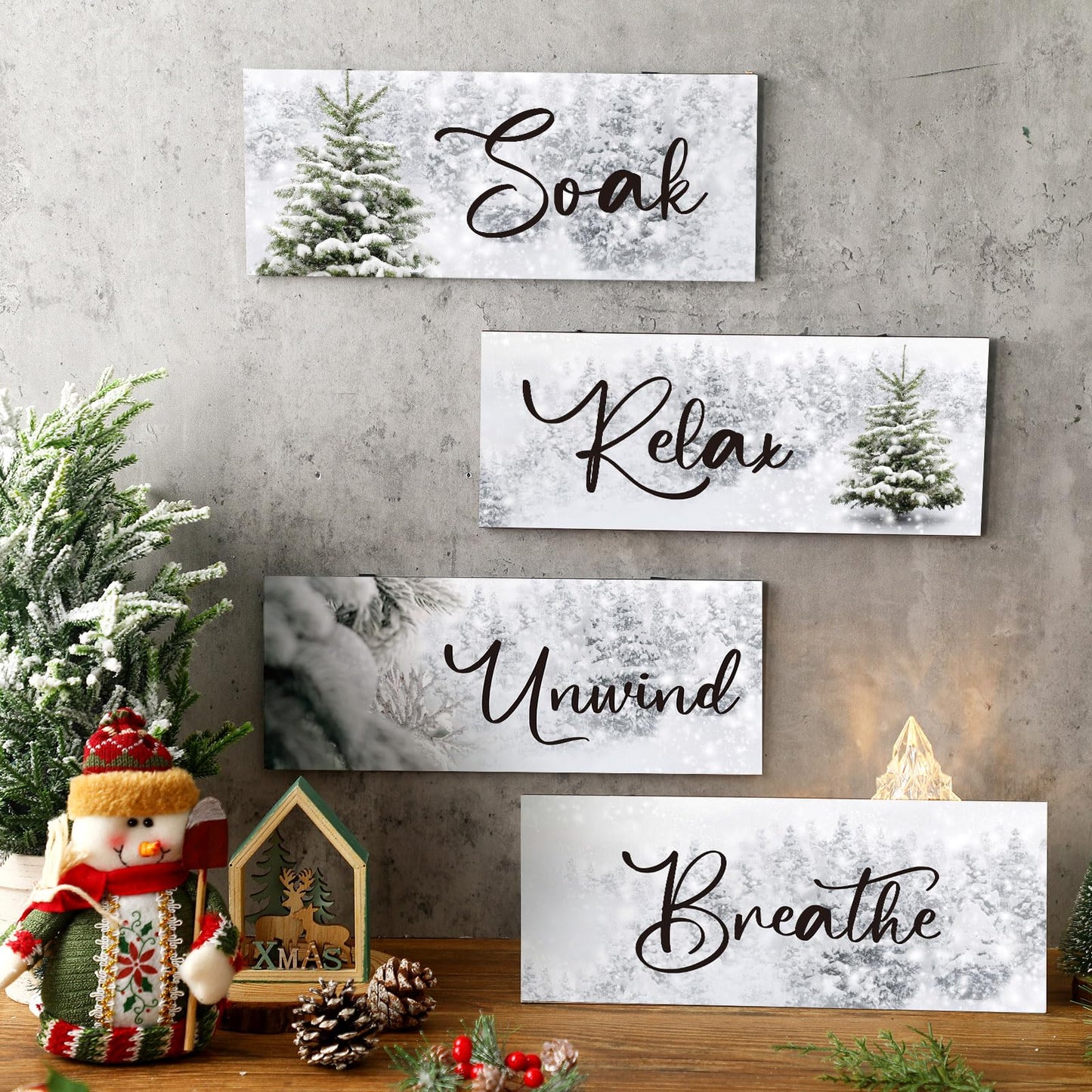Huwena 4 Pcs Winter Bathroom Wall Decor Winter Wooden Decor Relax Soak Breathe Unwind Art Hanging Wall Pediments Rustic Xmas Wooden Sign for Xmas Home Living Room Laundry Spa(Tree)
